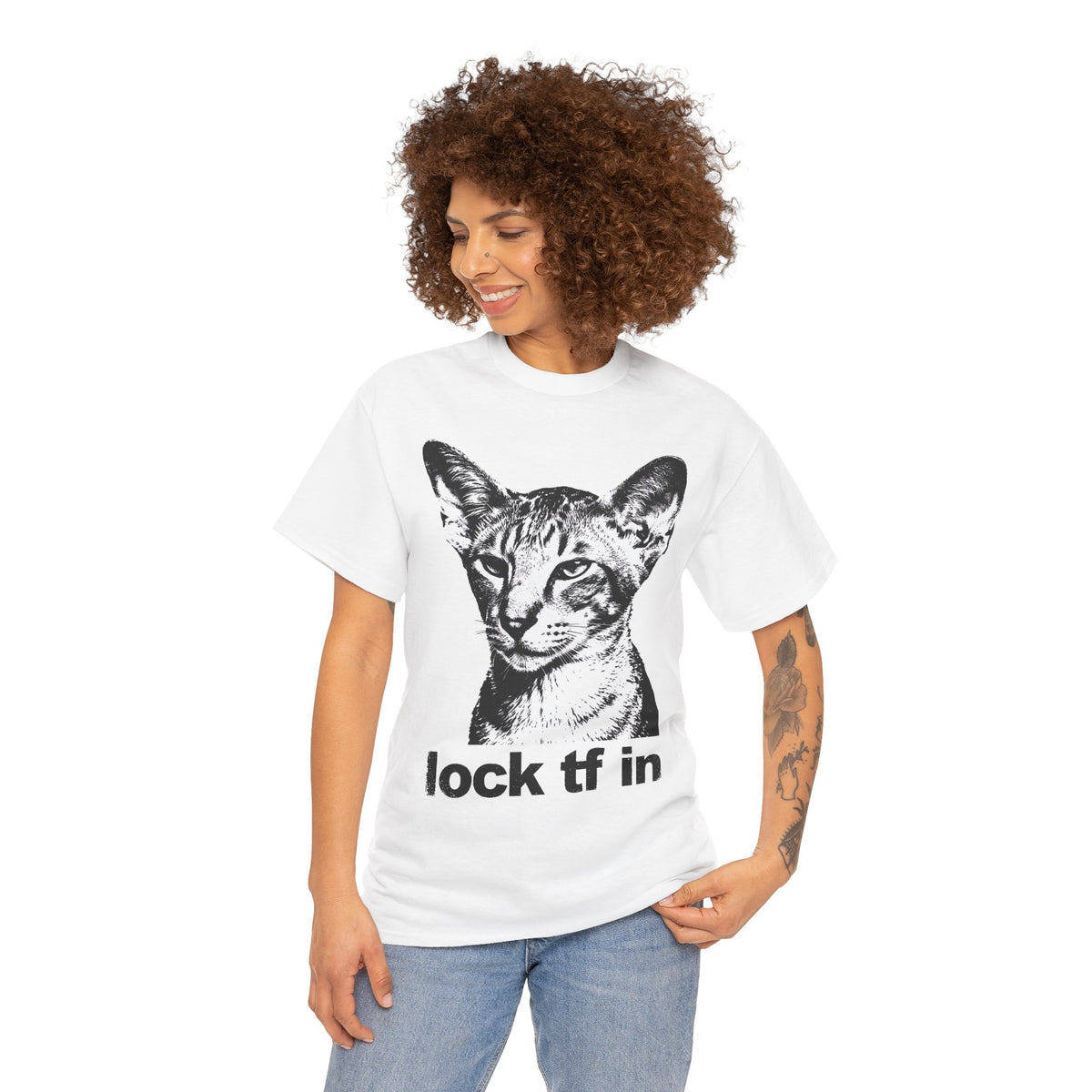 Cat Graphic Tee — "lock tf in" Retro Sphynx Illustration