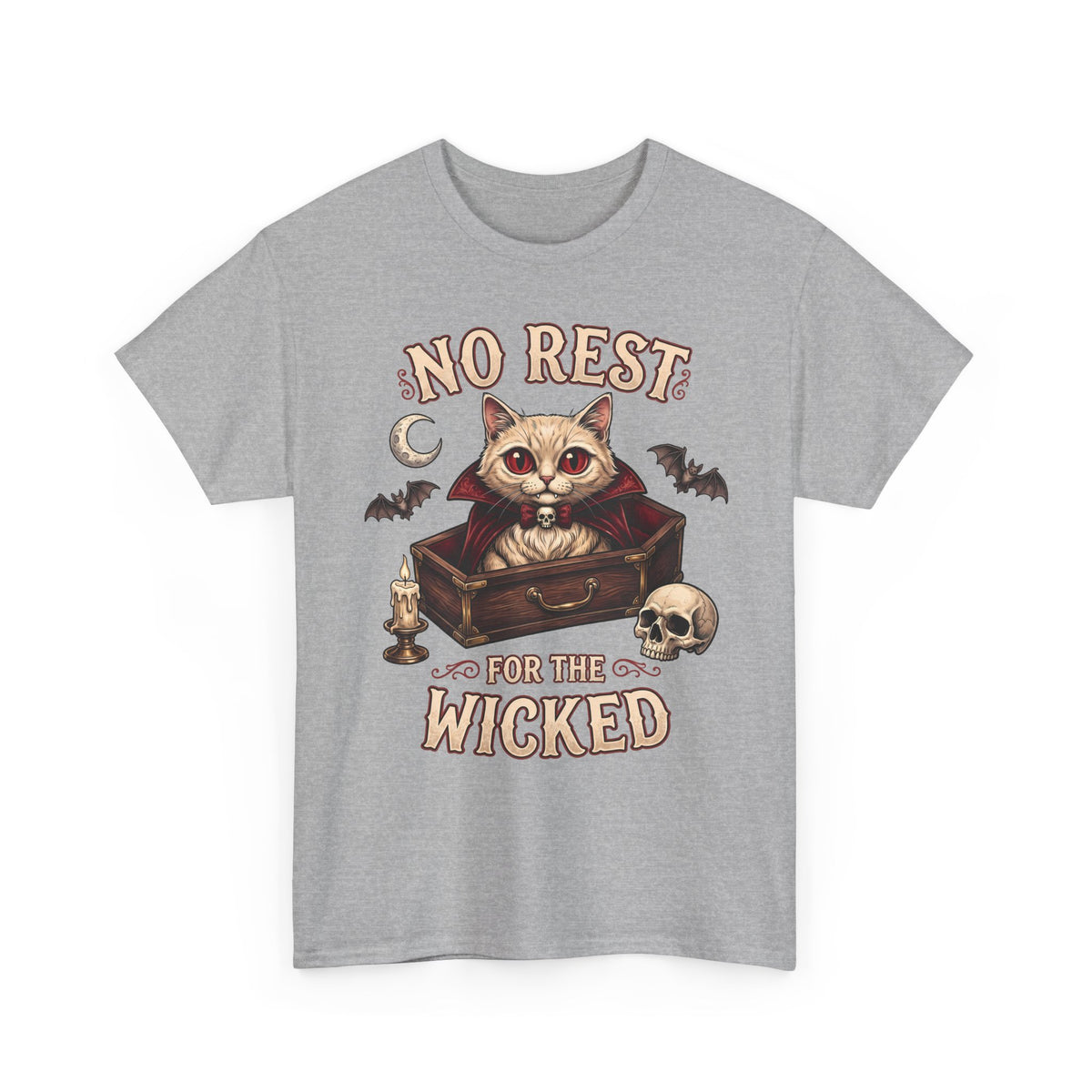 No Rest For The Wicked Vampire Cat Coffin Shirt — Gothic Halloween Tee