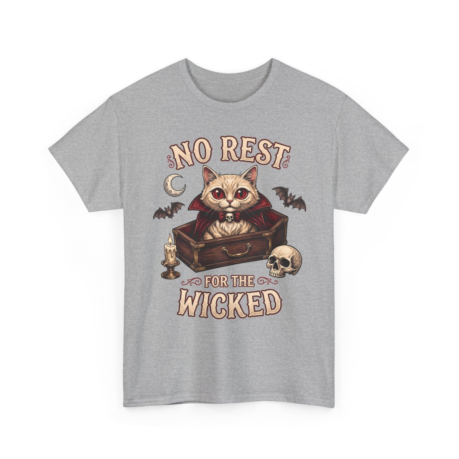 No Rest For The Wicked Vampire Cat Coffin Shirt — Gothic Halloween Tee
