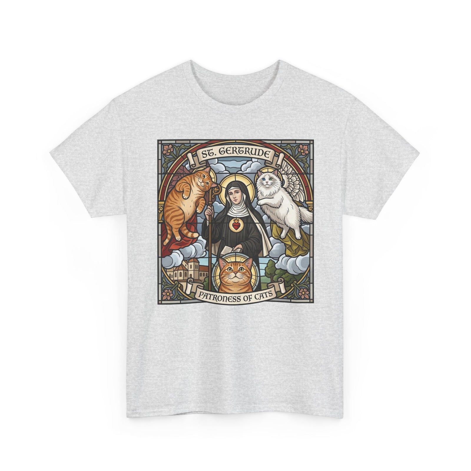 Saint of Cats T‑Shirt — "I See Herebound" Vintage Stained-Glass Cat Graphic Tee