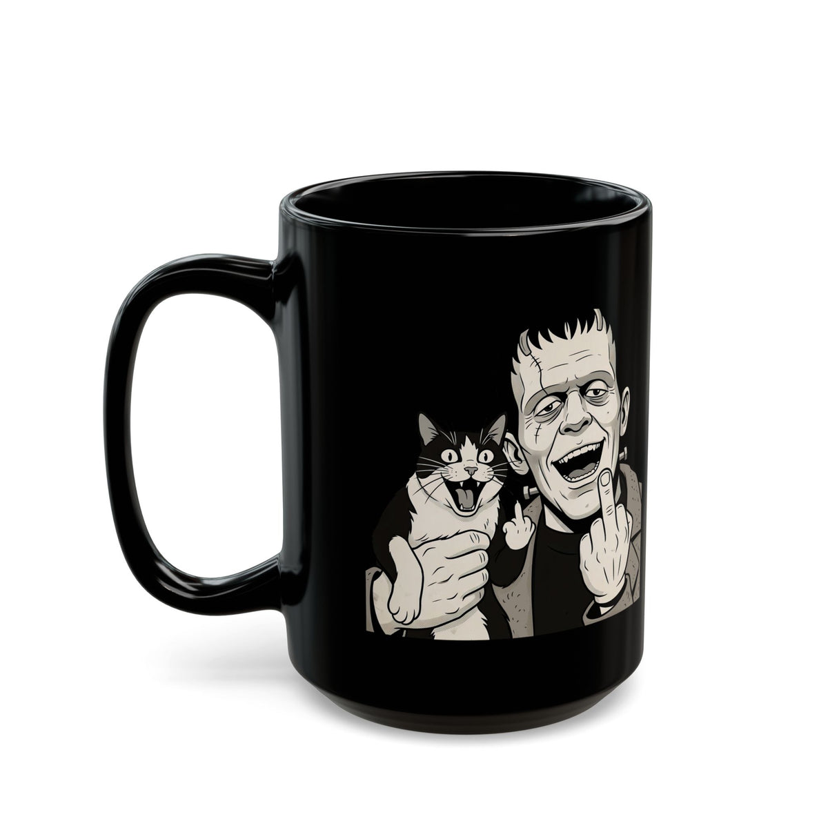 Frankenstein Cat T‑Mug — Cute Spooky Cat & Frankenstein Design
