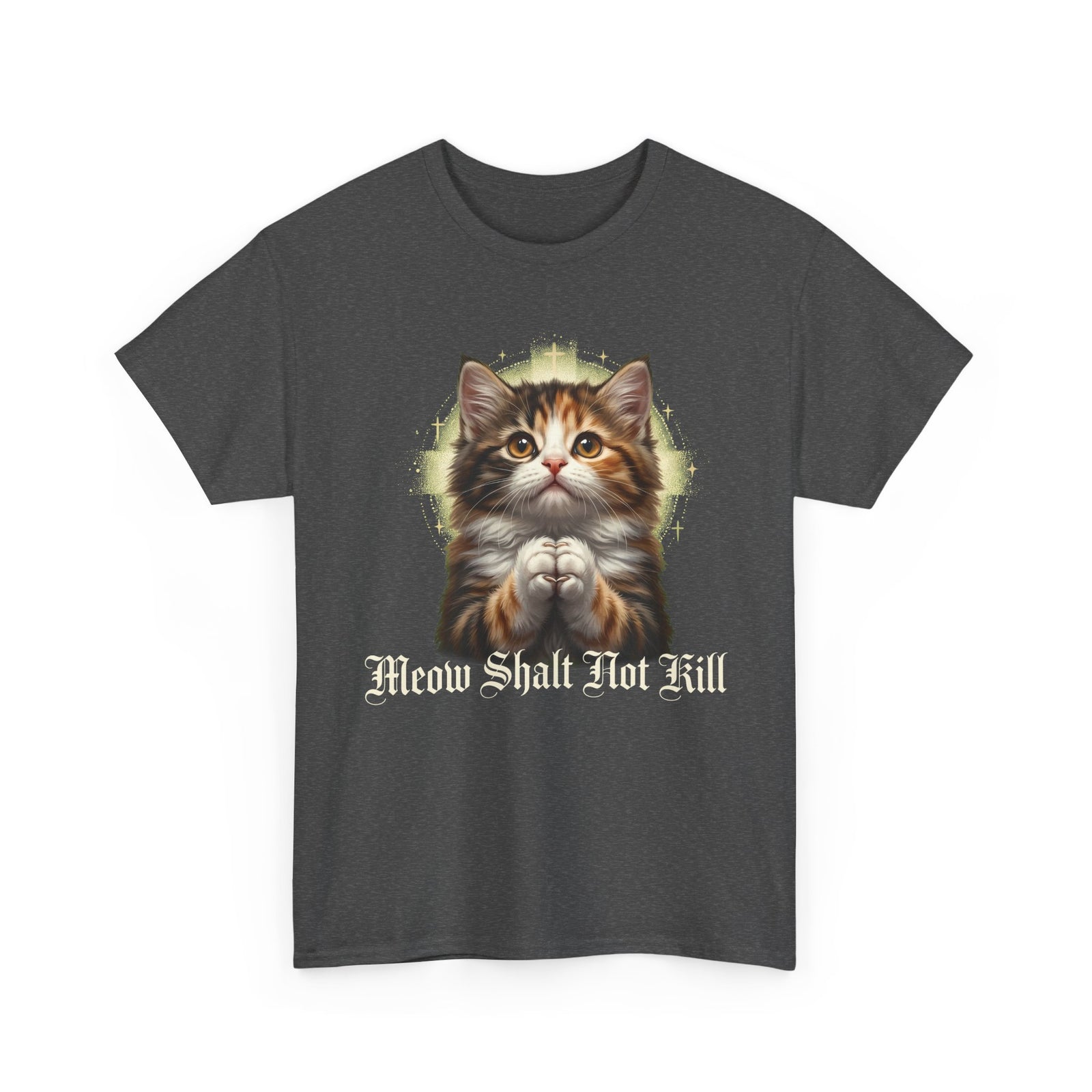 Praying Kitten T‑Shirt — "Meow Shalt Not Kill" Cute Vintage Cat Tee