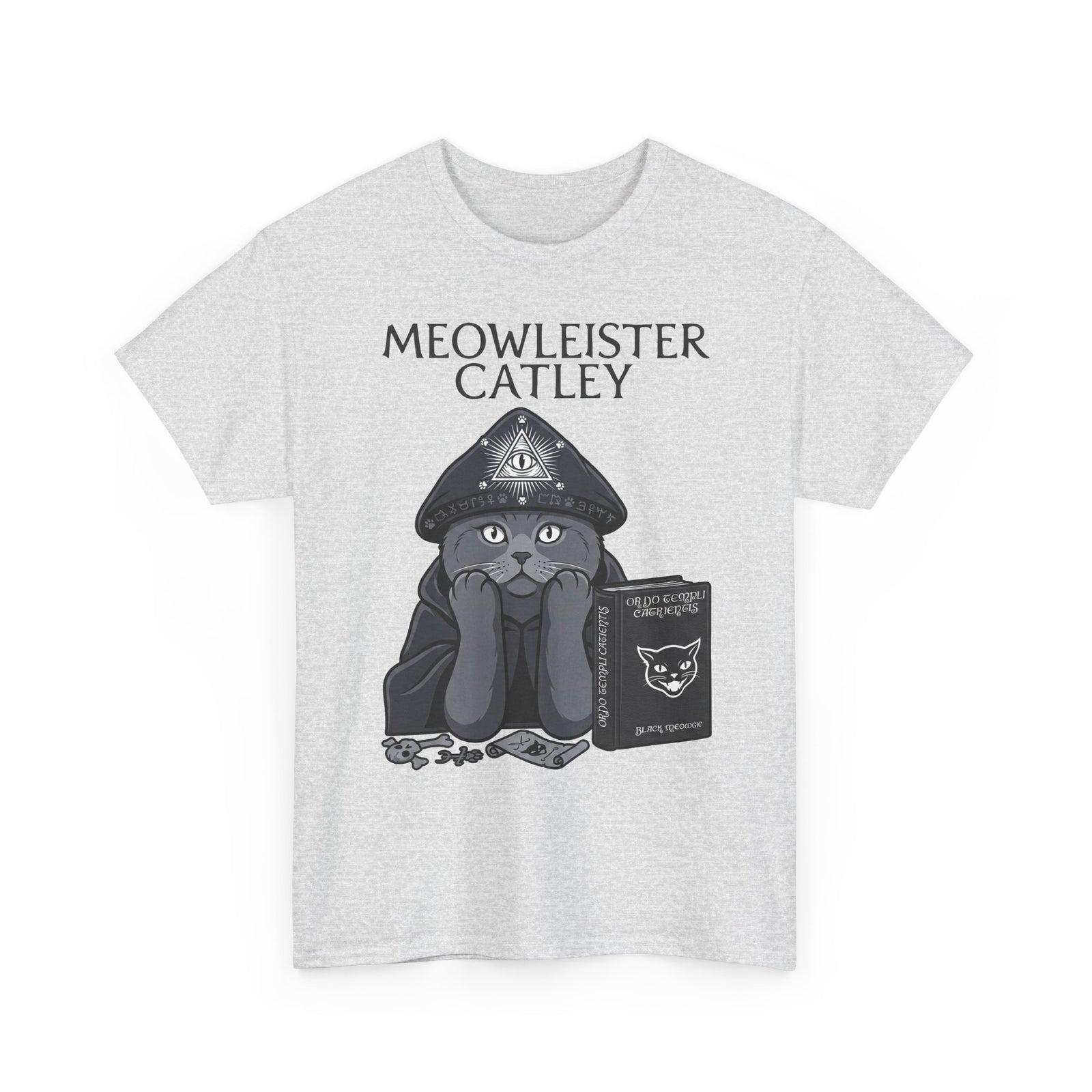 Meowleister Catley T-Shirt — Witchy Cat with Spellbook Graphic