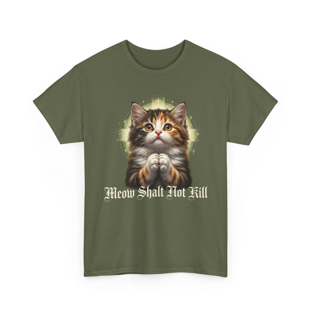 Praying Kitten T‑Shirt — "Meow Shalt Not Kill" Cute Vintage Cat Tee