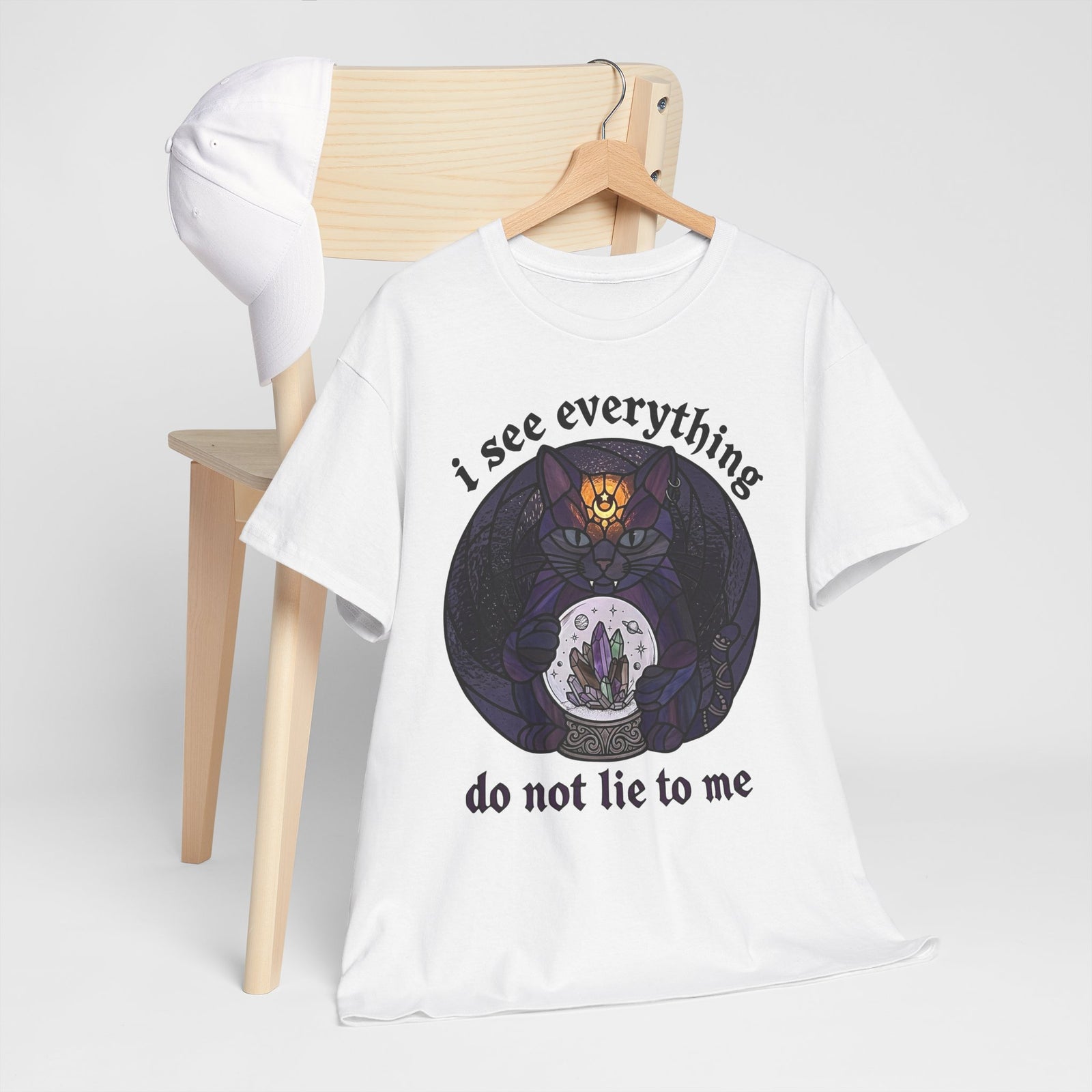 Mystic Fortune Teller Cat T-Shirt "I See Everything" Stained Glass Spiritual Kitten