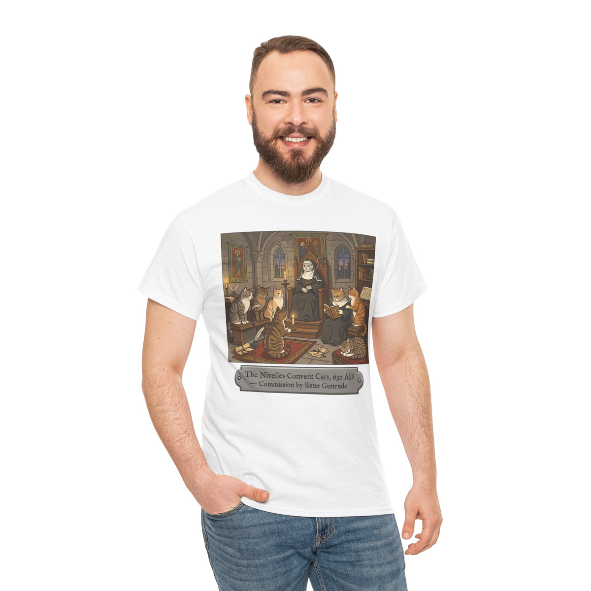 Nivelles Convent Cats T-Shirt — Vintage-Inspired Cat Illustration Tee
