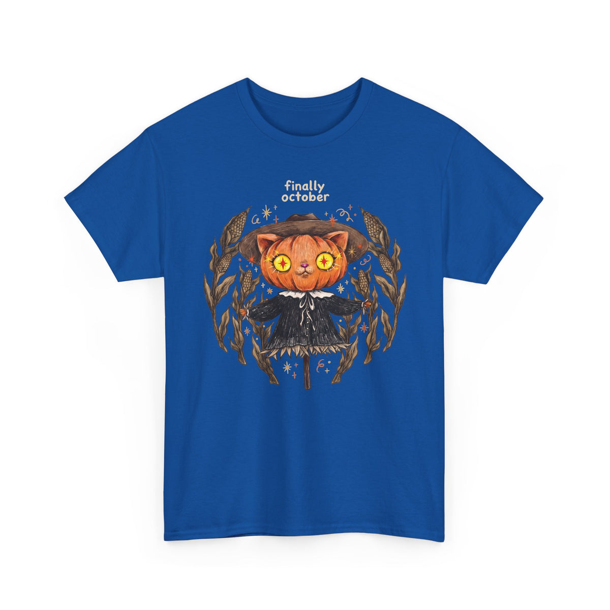 Finally October Pumpkin Cat Scarecrow T-Shirt — Vintage Autumn Halloween Tee