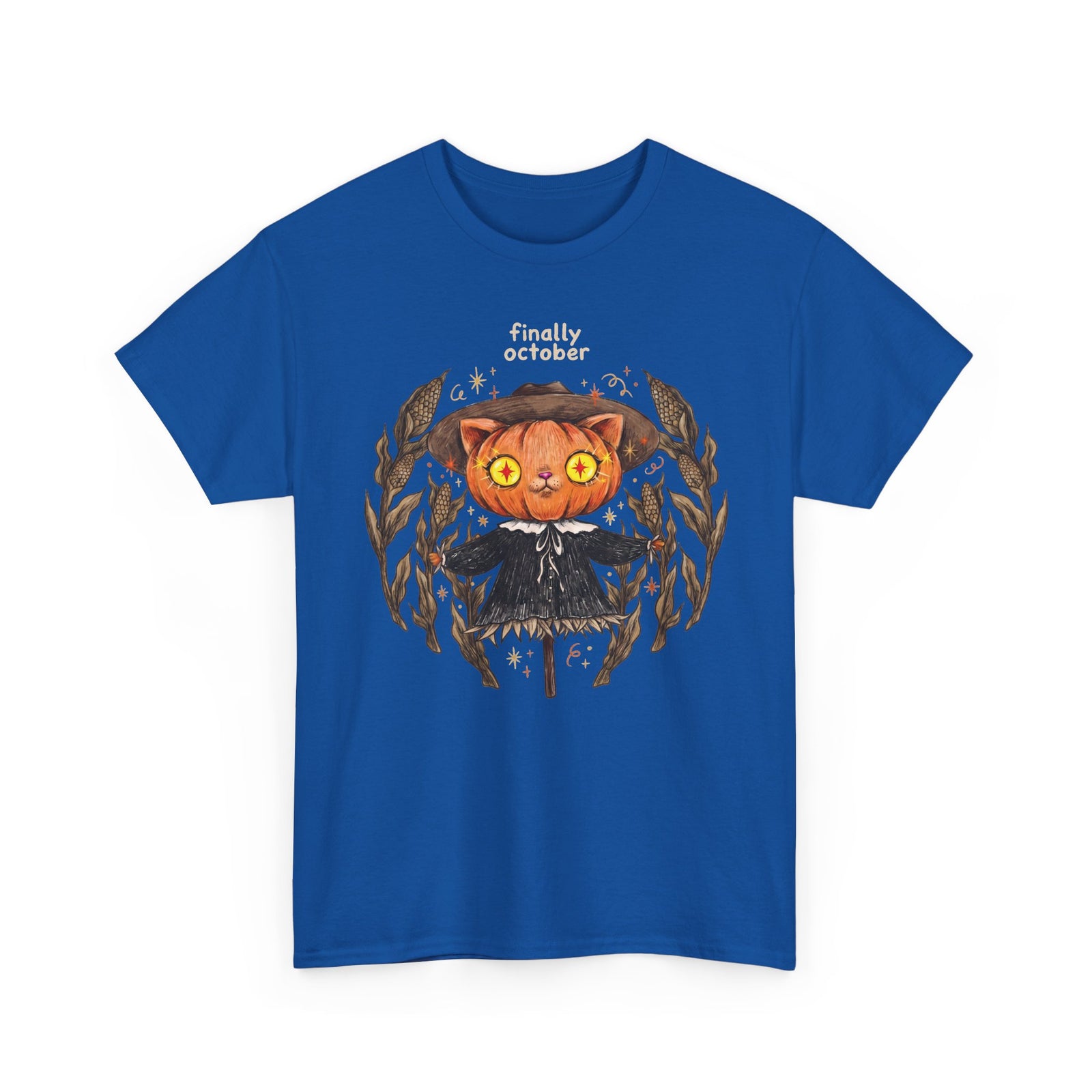Finally October Pumpkin Cat Scarecrow T-Shirt — Vintage Autumn Halloween Tee