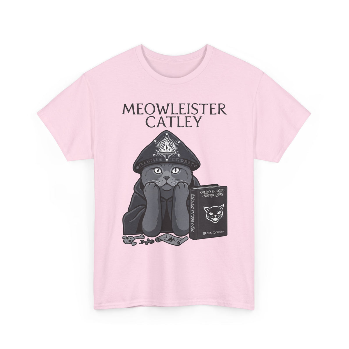 Meowleister Catley T-Shirt — Witchy Cat with Spellbook Graphic