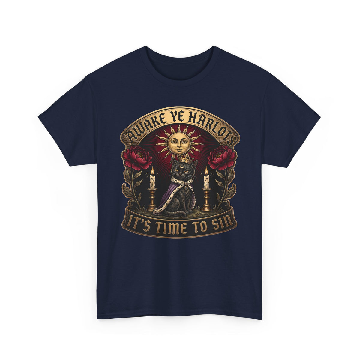 Awake Ye Harlots It's Time To Sin T-Shirt — Mystical Crowned Black Cat Tee