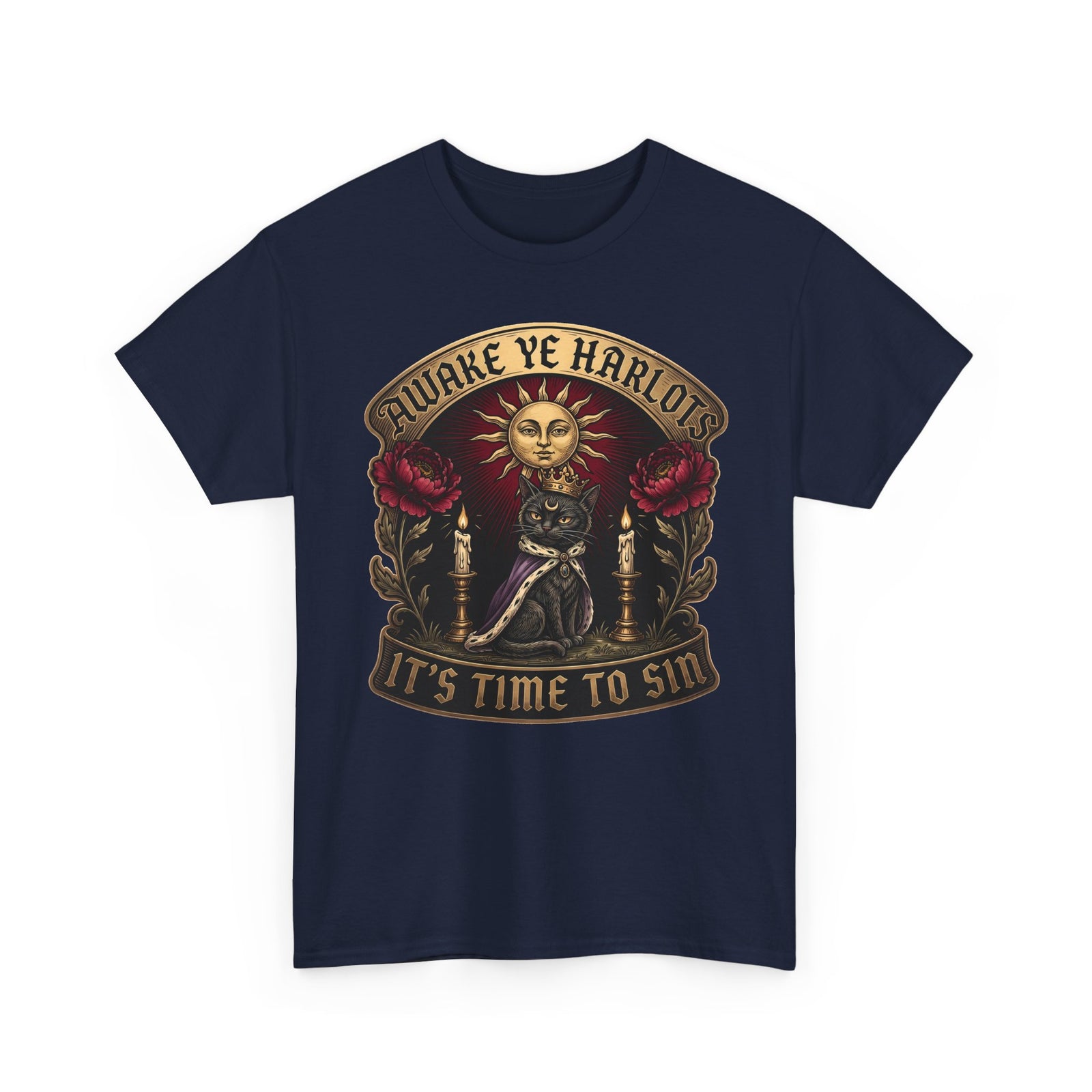 Awake Ye Harlots It's Time To Sin T-Shirt — Mystical Crowned Black Cat Tee
