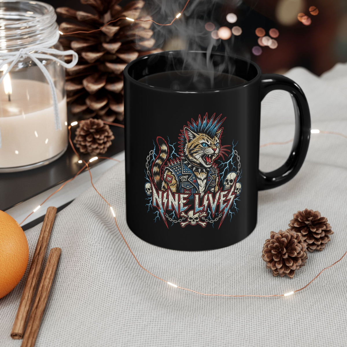 Nine Lives Cat Black Mug — Retro Feline Graphic Mug