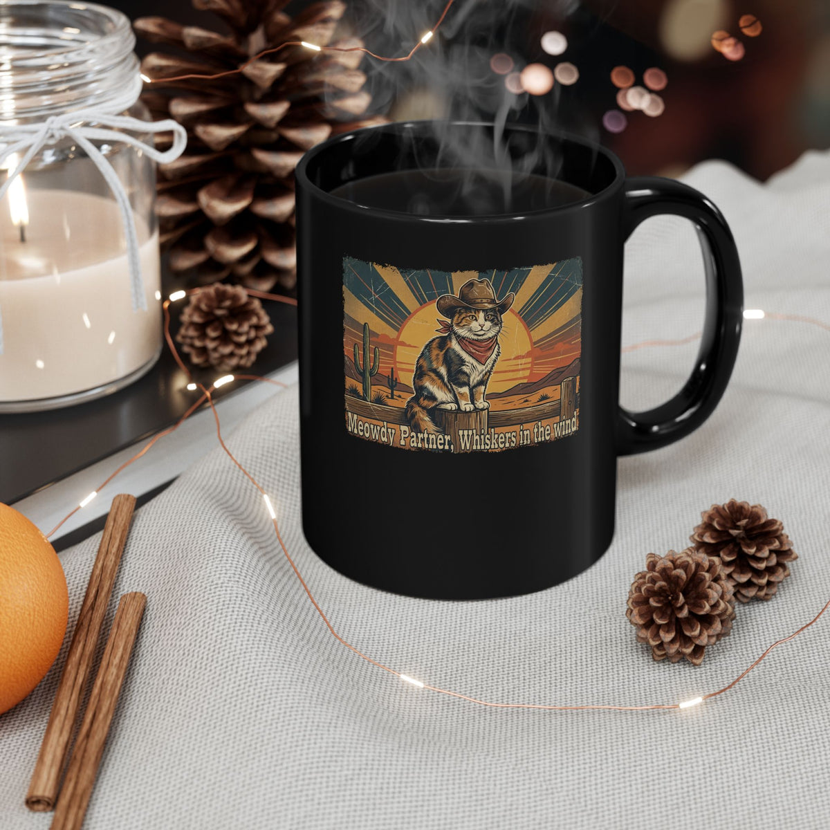 Meowdy Partner Black Mug — Cute Cat Cowboy Graphic Mug