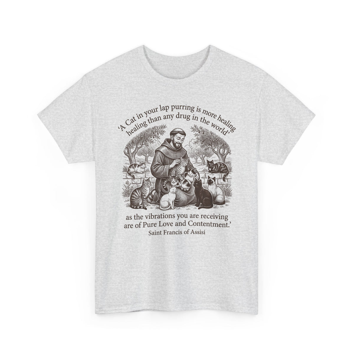 Saint Francis Vintage Graphic Tee — "A Cat in Your Lap Purring" Spiritual Animal Lover Shirt