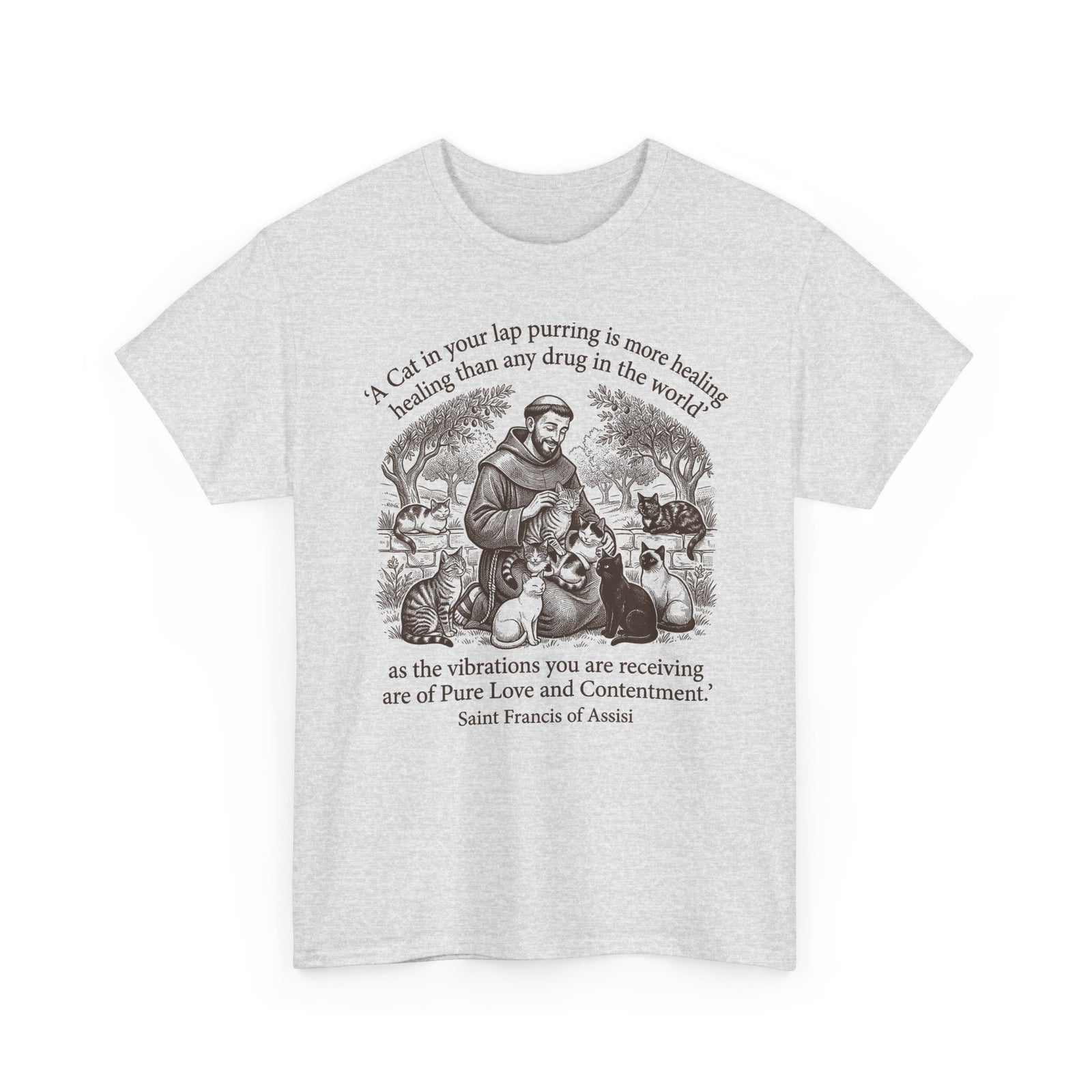 Saint Francis Vintage Graphic Tee — "A Cat in Your Lap Purring" Spiritual Animal Lover Shirt