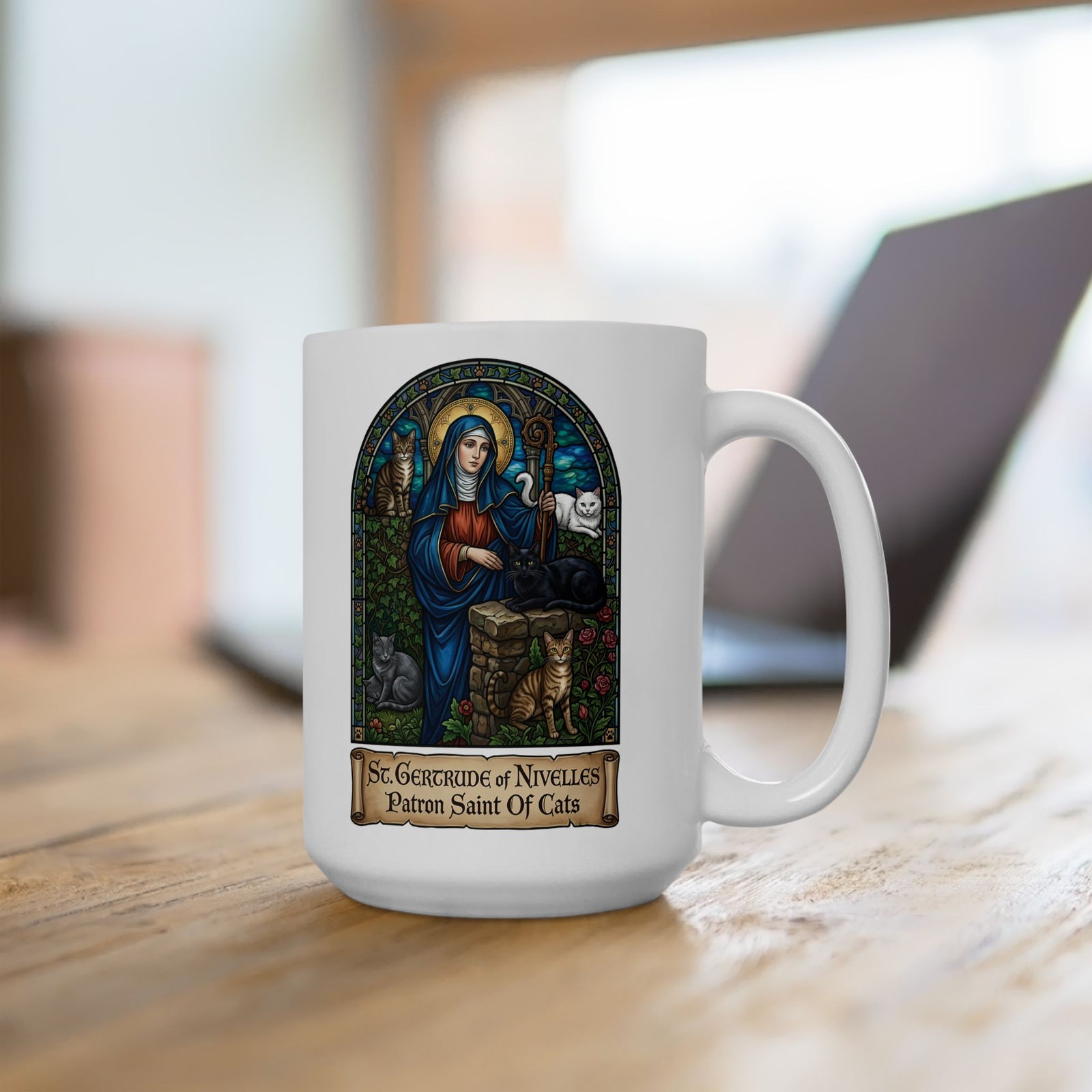 Saint Gertrude of Nivelles Cat Patron Ceramic Mug — Patron Saint of Cats Mug
