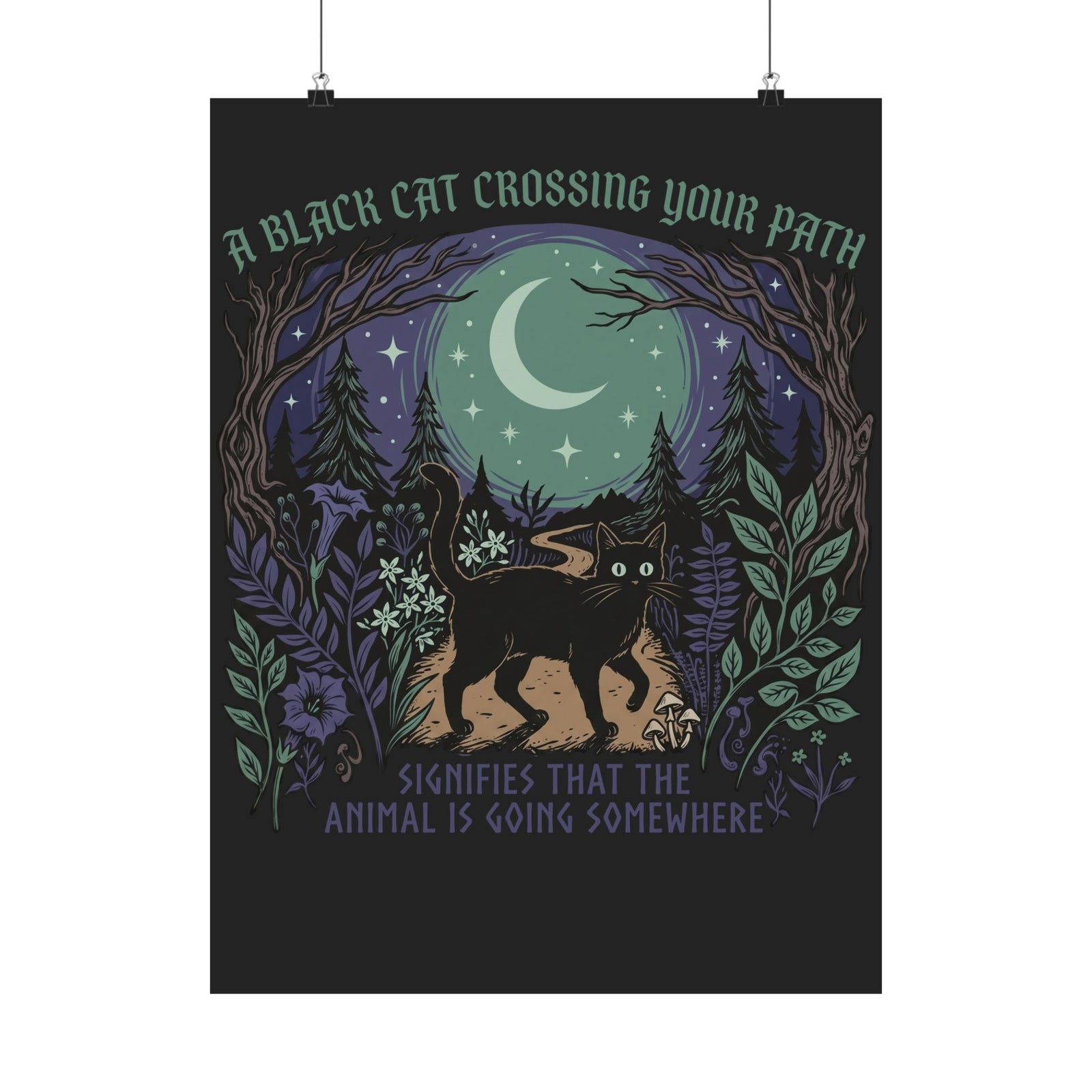 Black Cat Crossing Your Path Poster — Whimsical Moonlit Forest Cat Poster