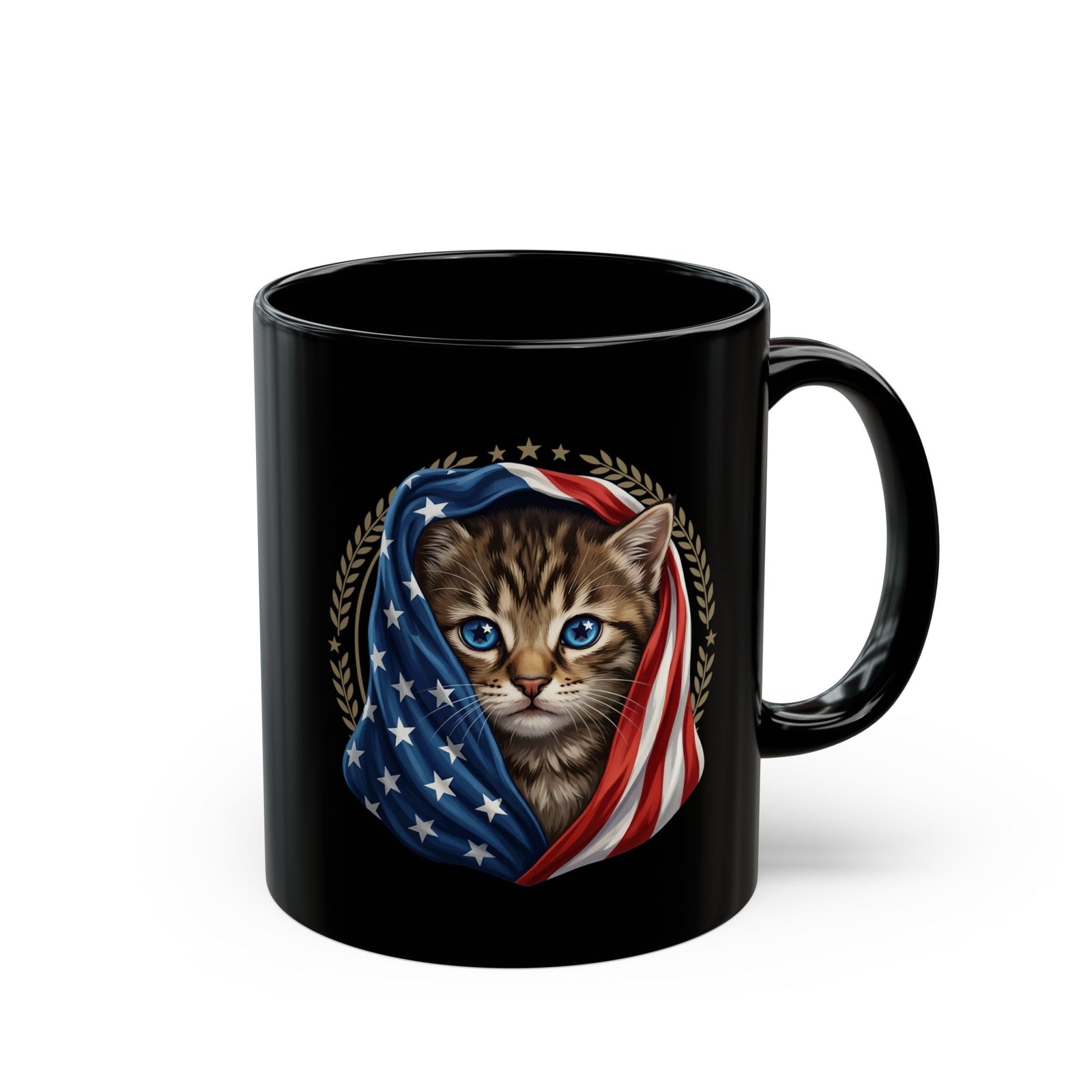 Patriotic American Flag Cat Black Mug Cute Kitten USA Pride