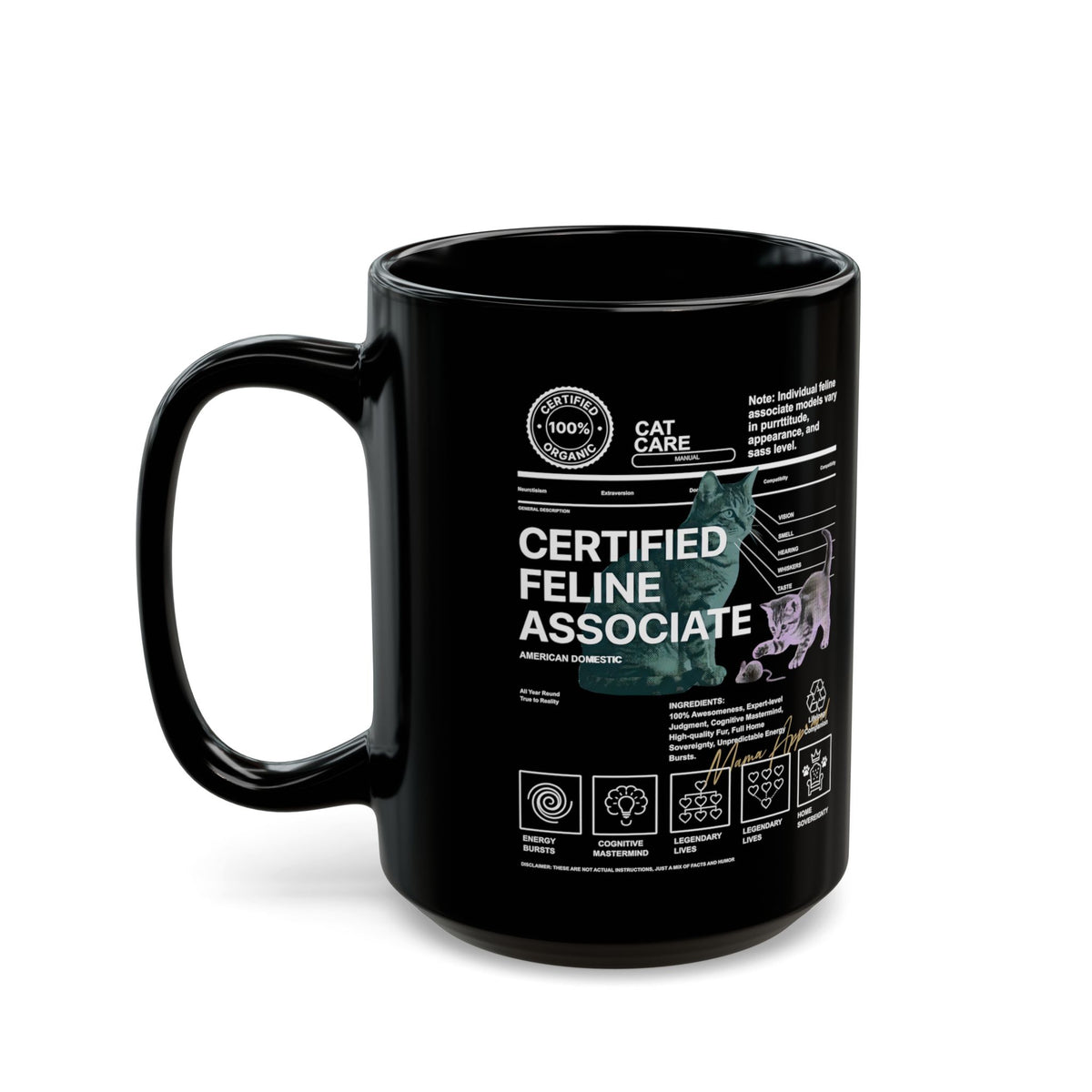 Certified Feline Associate Black Mug — Funny Cat Lover Mug