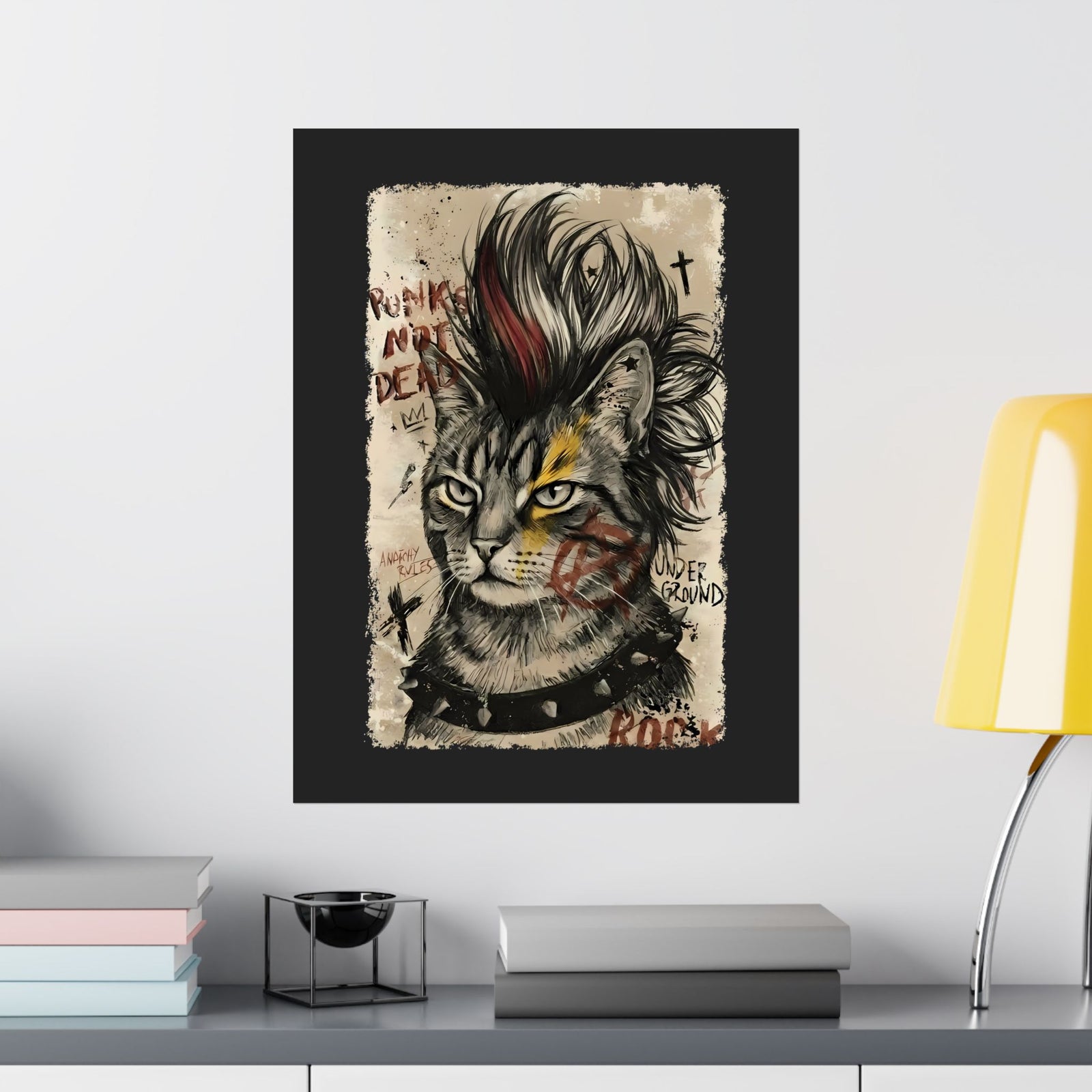 Punks Not Dead Cat Poster — Edgy Mohawk Anarchy Feline Graphic