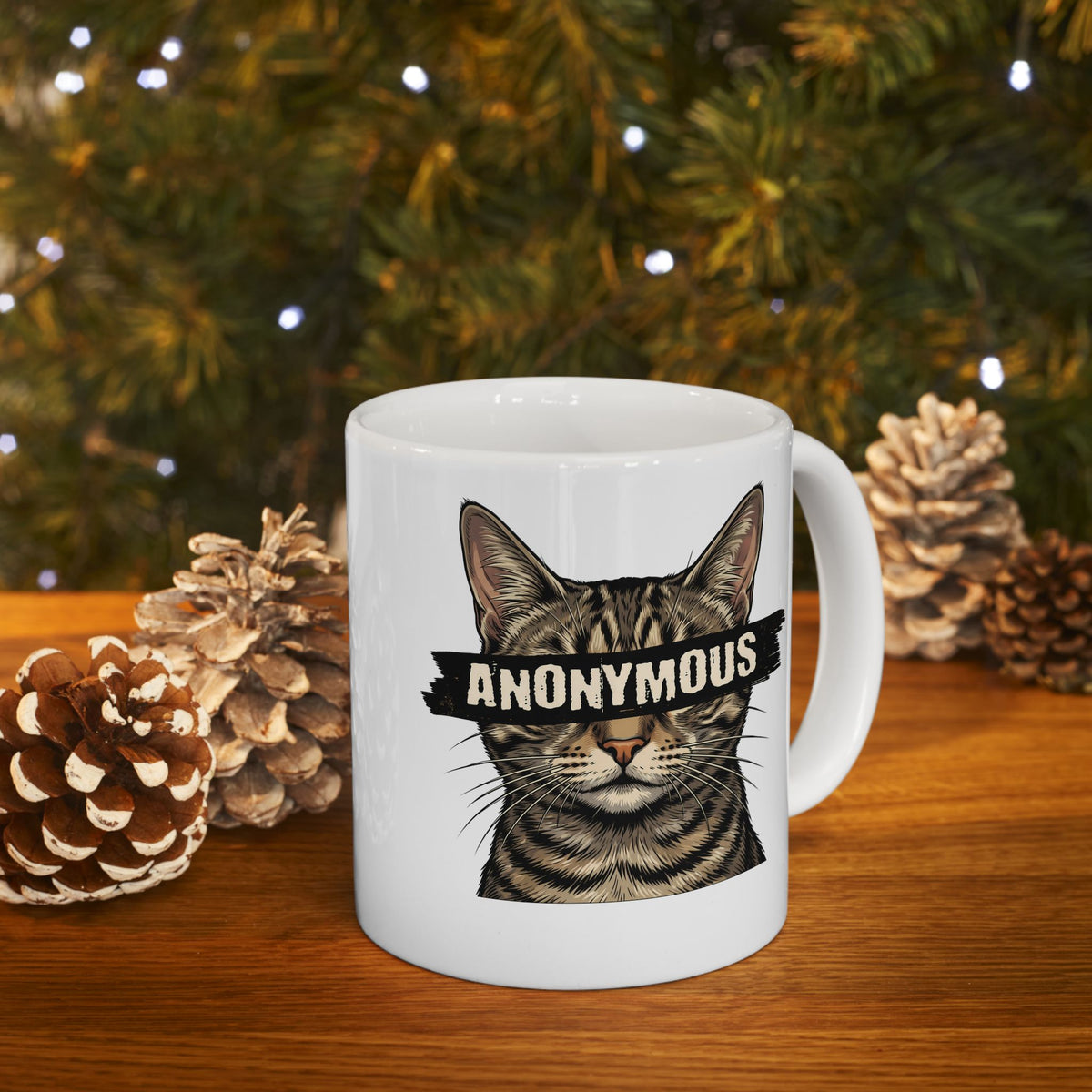 "Anonymous" Censored Cat Ceramic Mug, Edgy Feline Graphic Mug