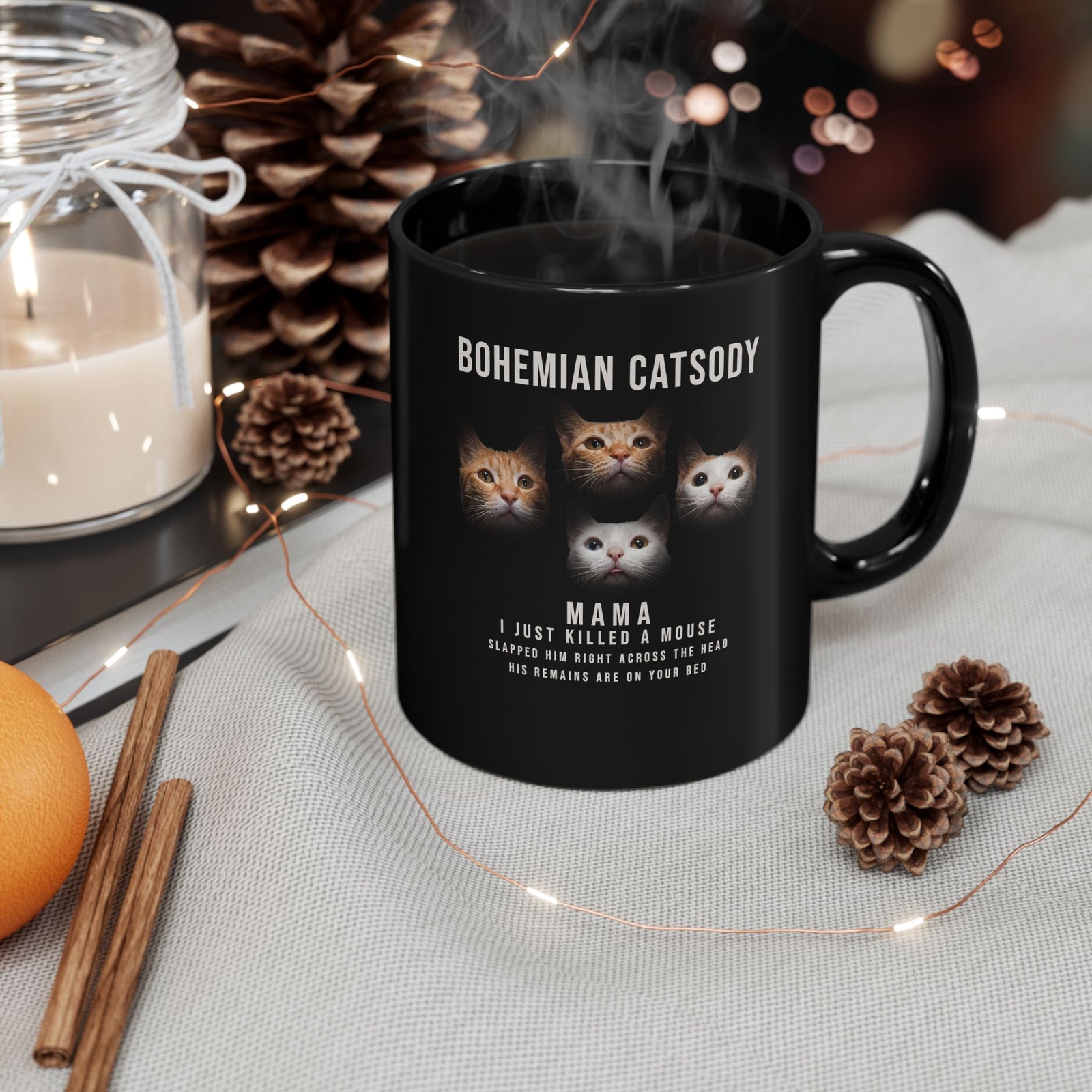 Bohemian Catsody Black Mug — Boho Cat Graphic Mug