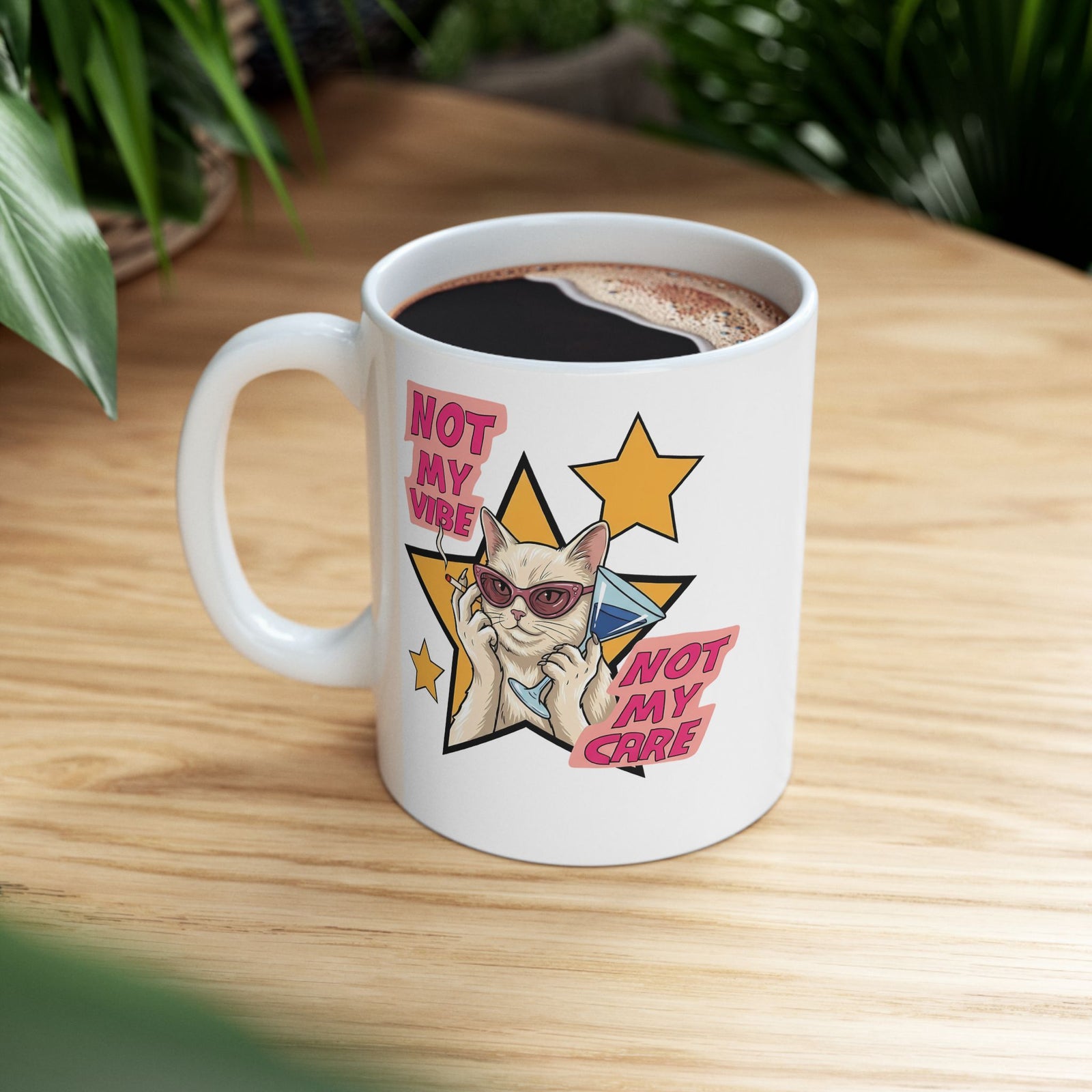 Not My Care Retro Cat Ceramic Mug — Unbothered Pop Art Feline Mug