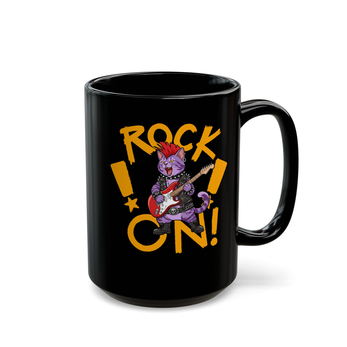 Rock On Punk Rock Cat Black Mug — Purple Feline Mohawk Electric Guitar Mug