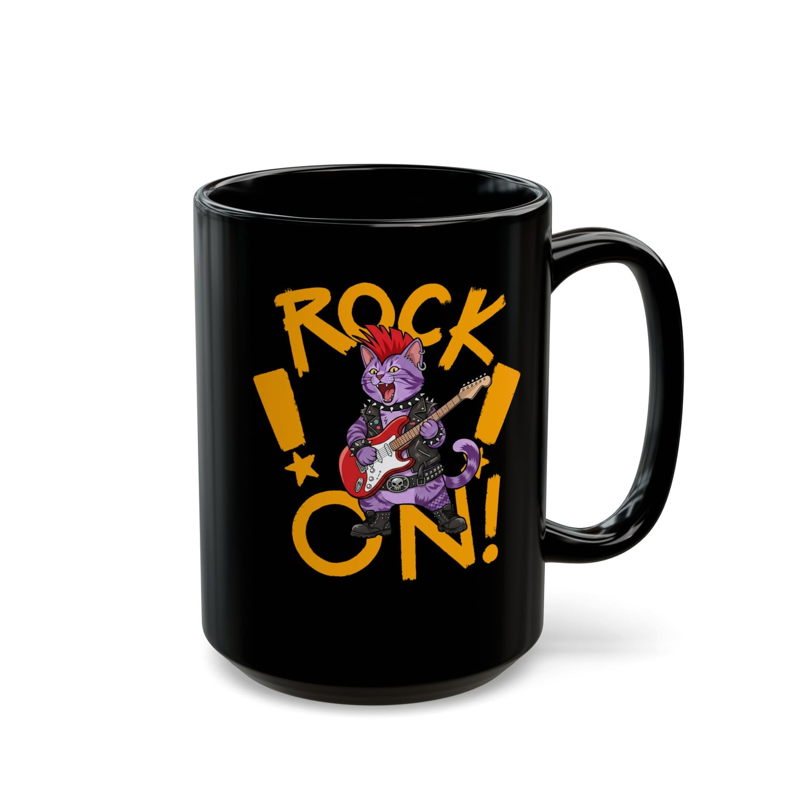Rock On Punk Rock Cat Black Mug — Purple Feline Mohawk Electric Guitar Mug