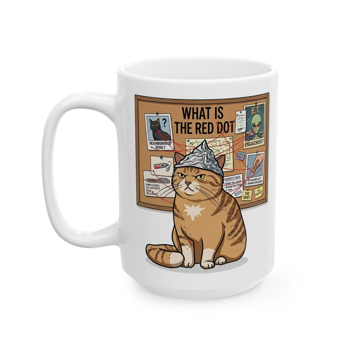 Funny Cat Conspiracy Mug "What Is The Red Dot?" Laser Pointer Humor