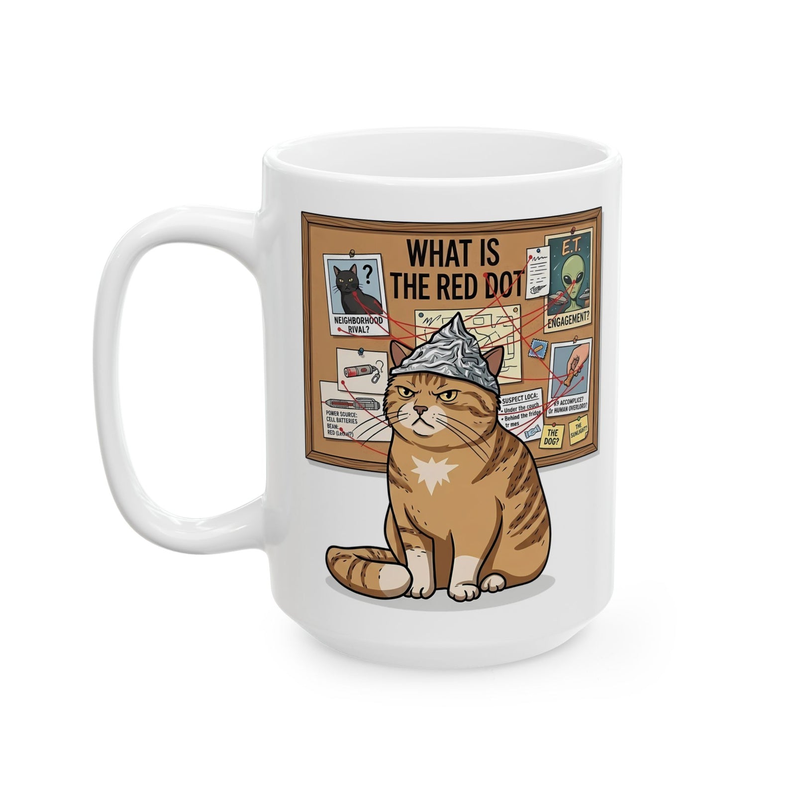 Funny Cat Conspiracy Mug "What Is The Red Dot?" Laser Pointer Humor