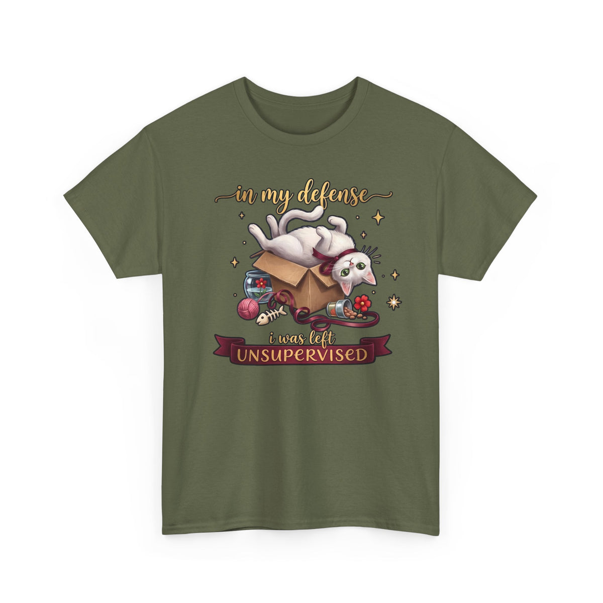 In My Defense I Was Left Unsupervised T-Shirt — Funny Cute White Cat Tee