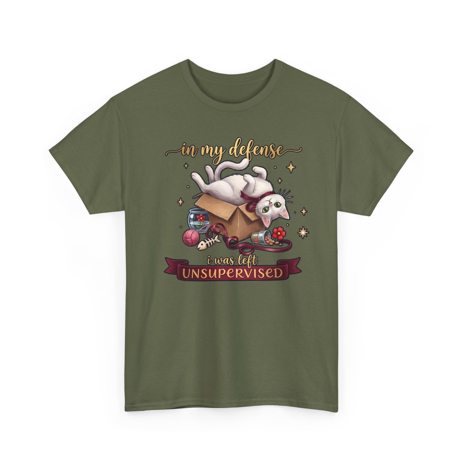 In My Defense I Was Left Unsupervised T-Shirt — Funny Cute White Cat Tee