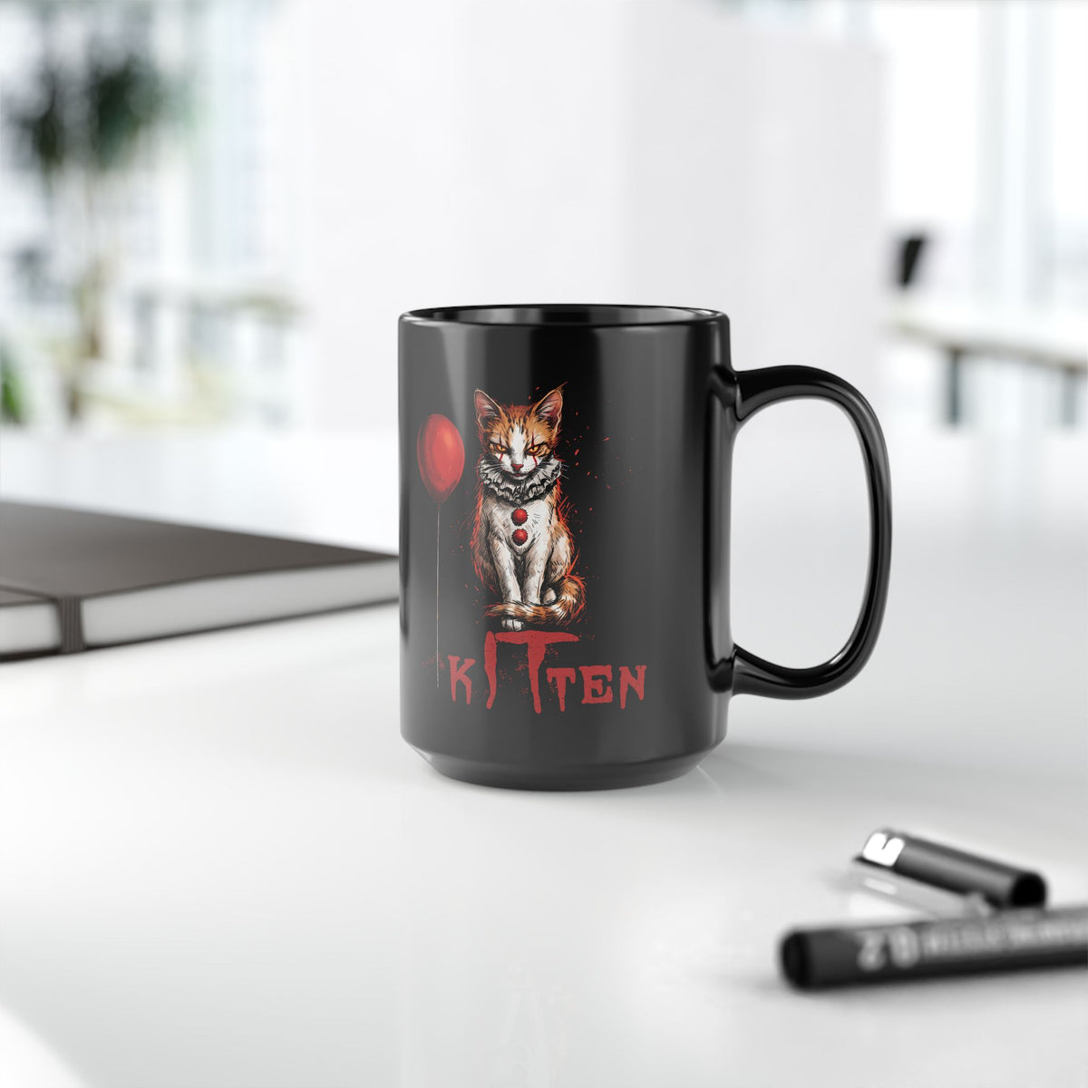 KITTEN Horror Clown Black Mug — Spooky Orange Tabby Clown Cosplay Drinkware
