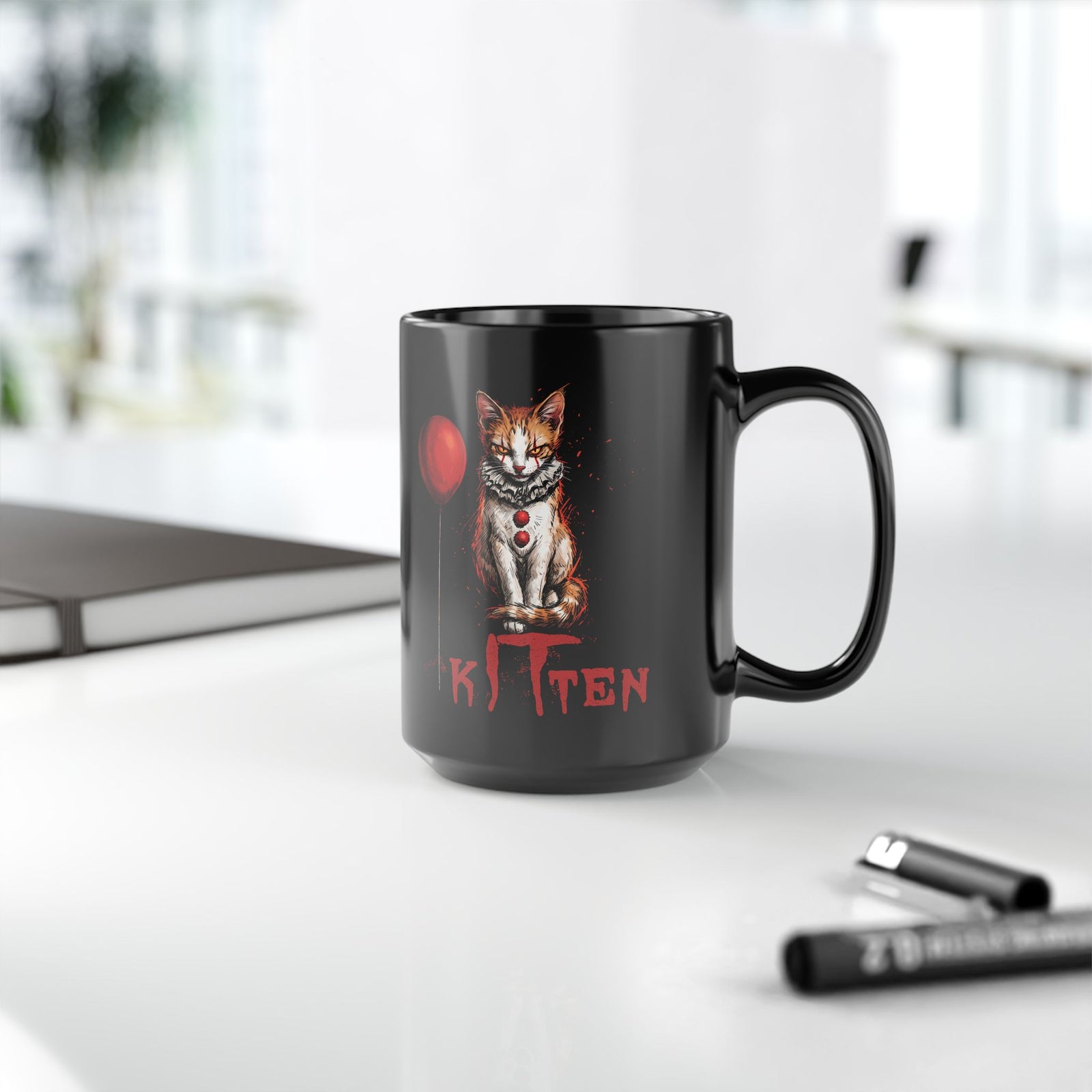 KITTEN Horror Clown Black Mug — Spooky Orange Tabby Clown Cosplay Drinkware