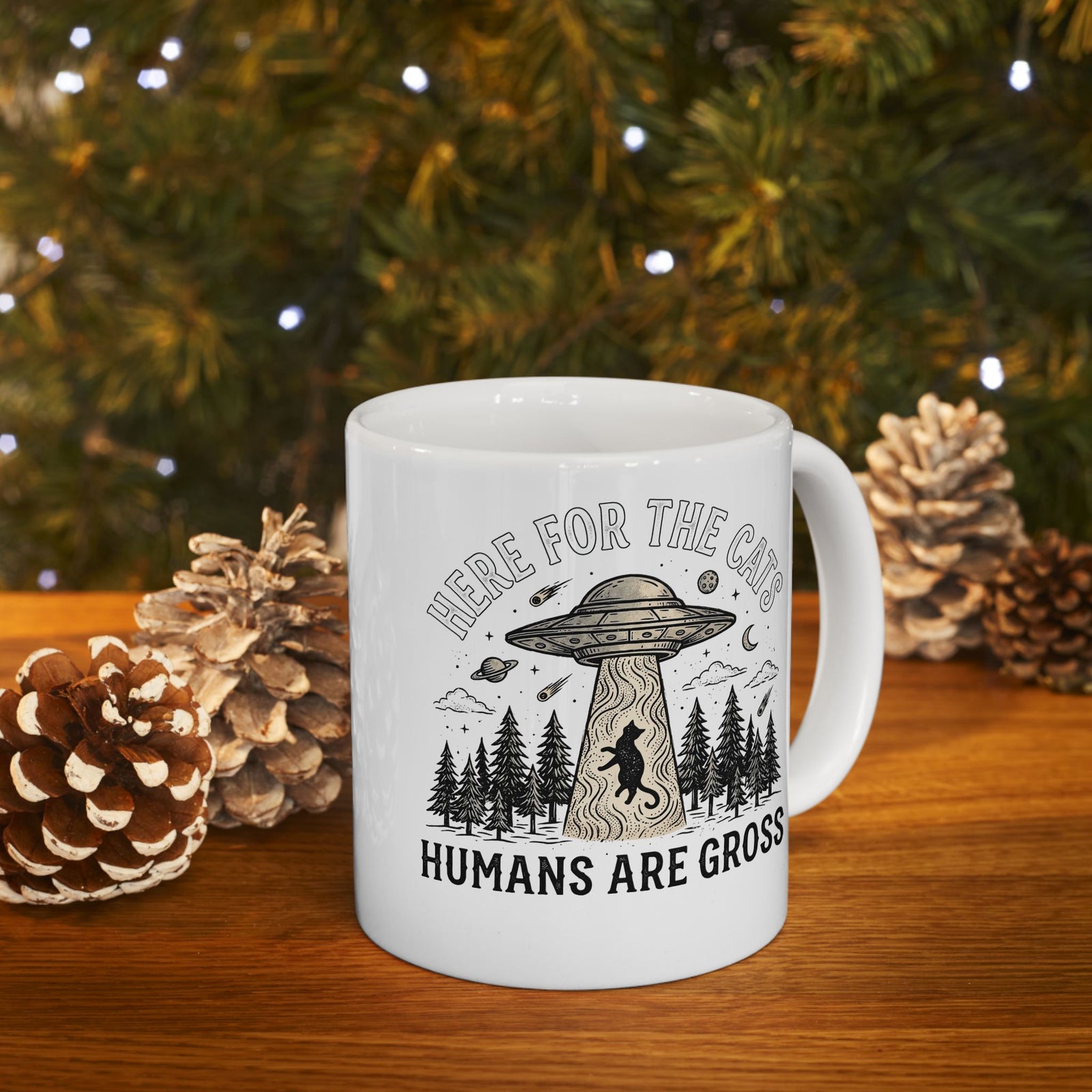 Here For The Cat Mug — 'Humans Are Gross' Cat Lover Ceramic Mug