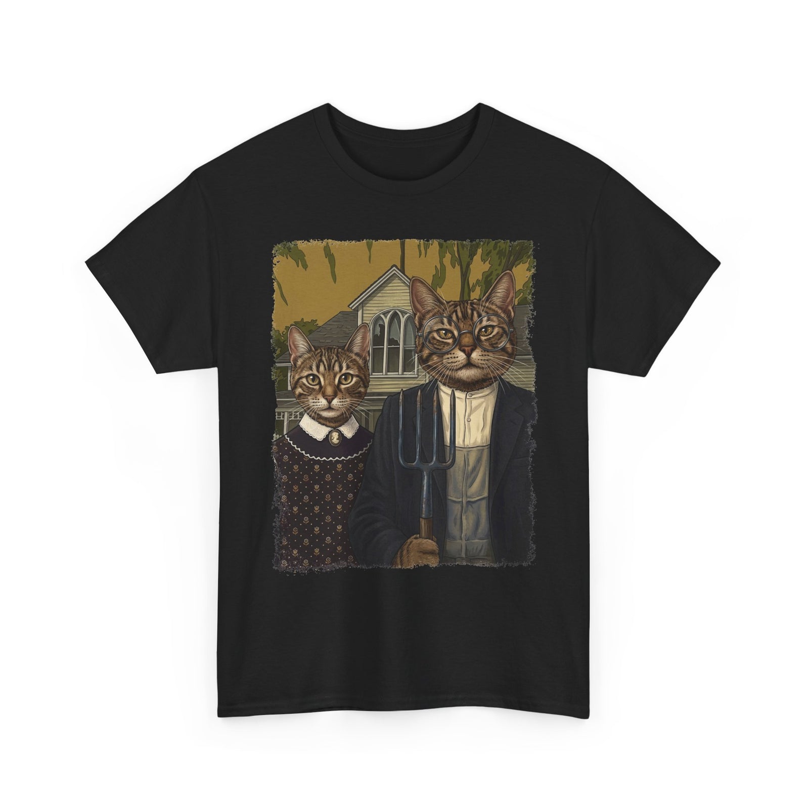 Gothic Cat Couple Tee — Parody ‘American Gothic’ Cat Portrait T-Shirt