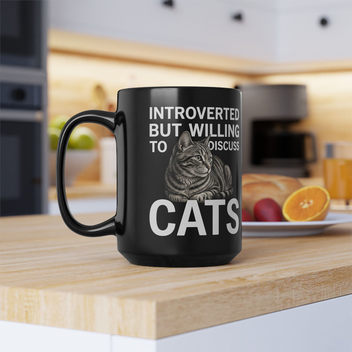 Introverted But Willing to Discuss Cats Black Mug