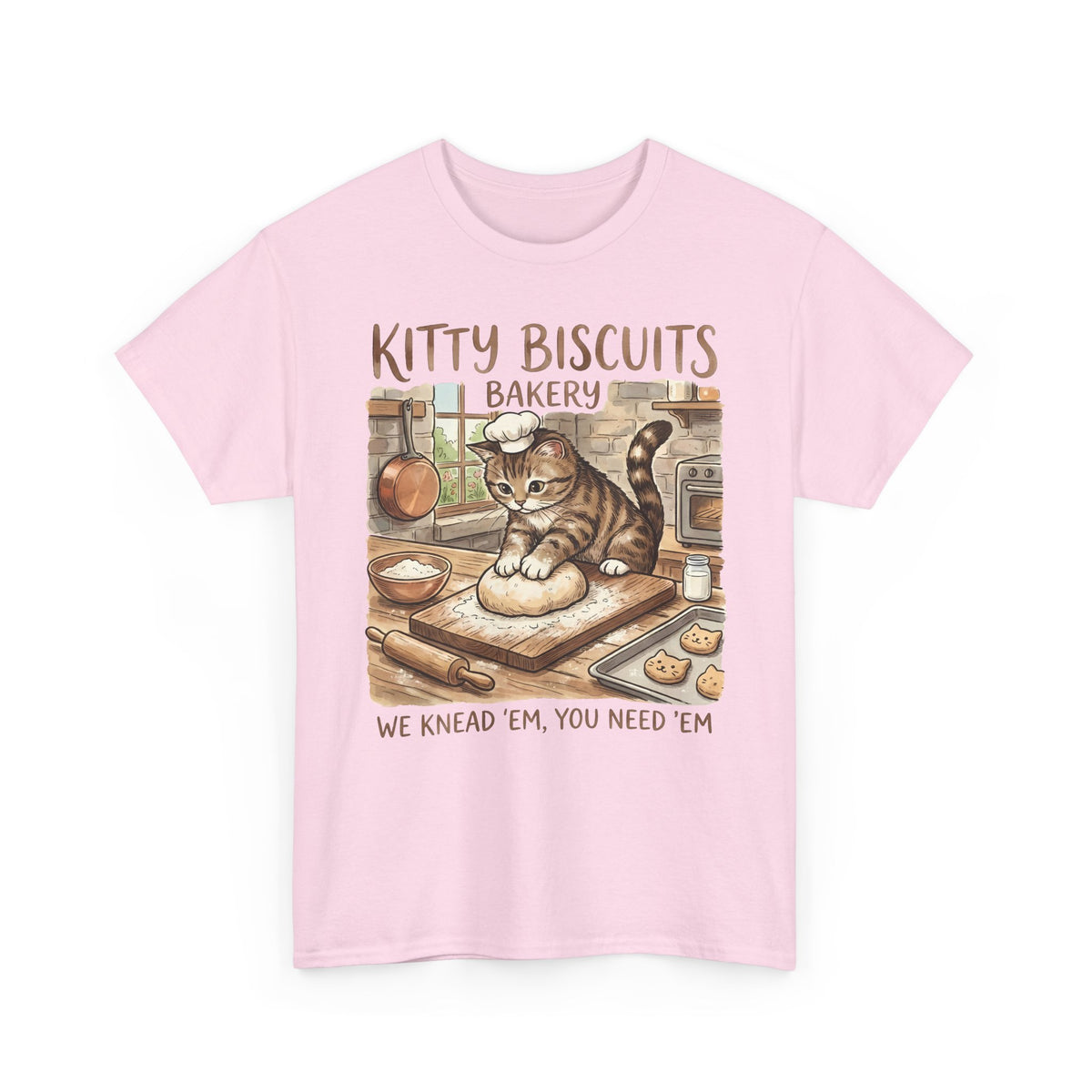 Kitty Biscuits Bakery T-Shirt — "We Knead 'Em We Need 'Em" Cat Bakery Tee