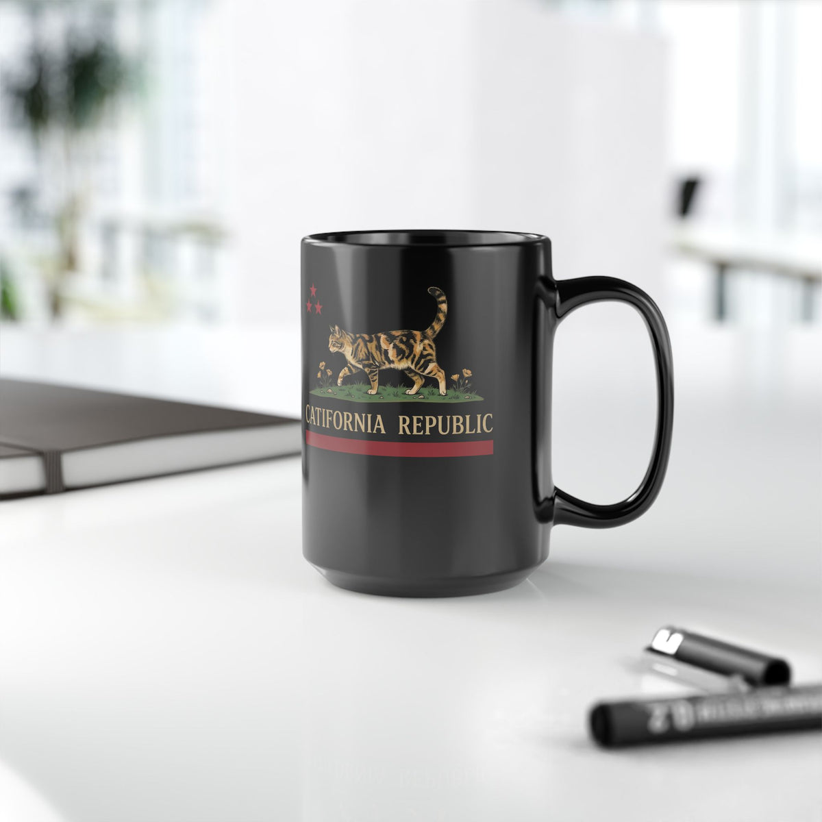 Catifornia Republic Funny Cat Black Mug — Vintage Cali Cat Graphic Mug