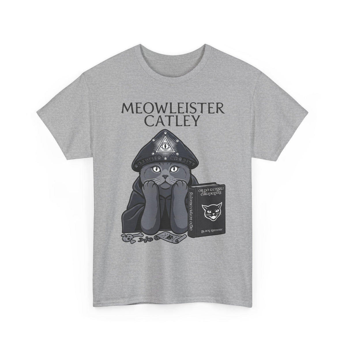 Meowleister Catley T-Shirt — Witchy Cat with Spellbook Graphic