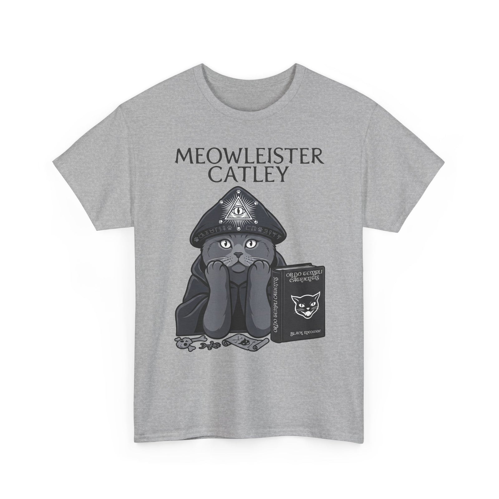 Meowleister Catley T-Shirt — Witchy Cat with Spellbook Graphic