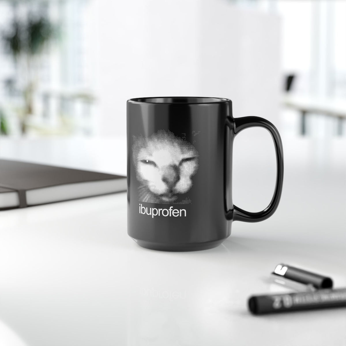 Funny Cat Meme Ibuprofen Black Mug Humorous Pain Relief Graphic Mug
