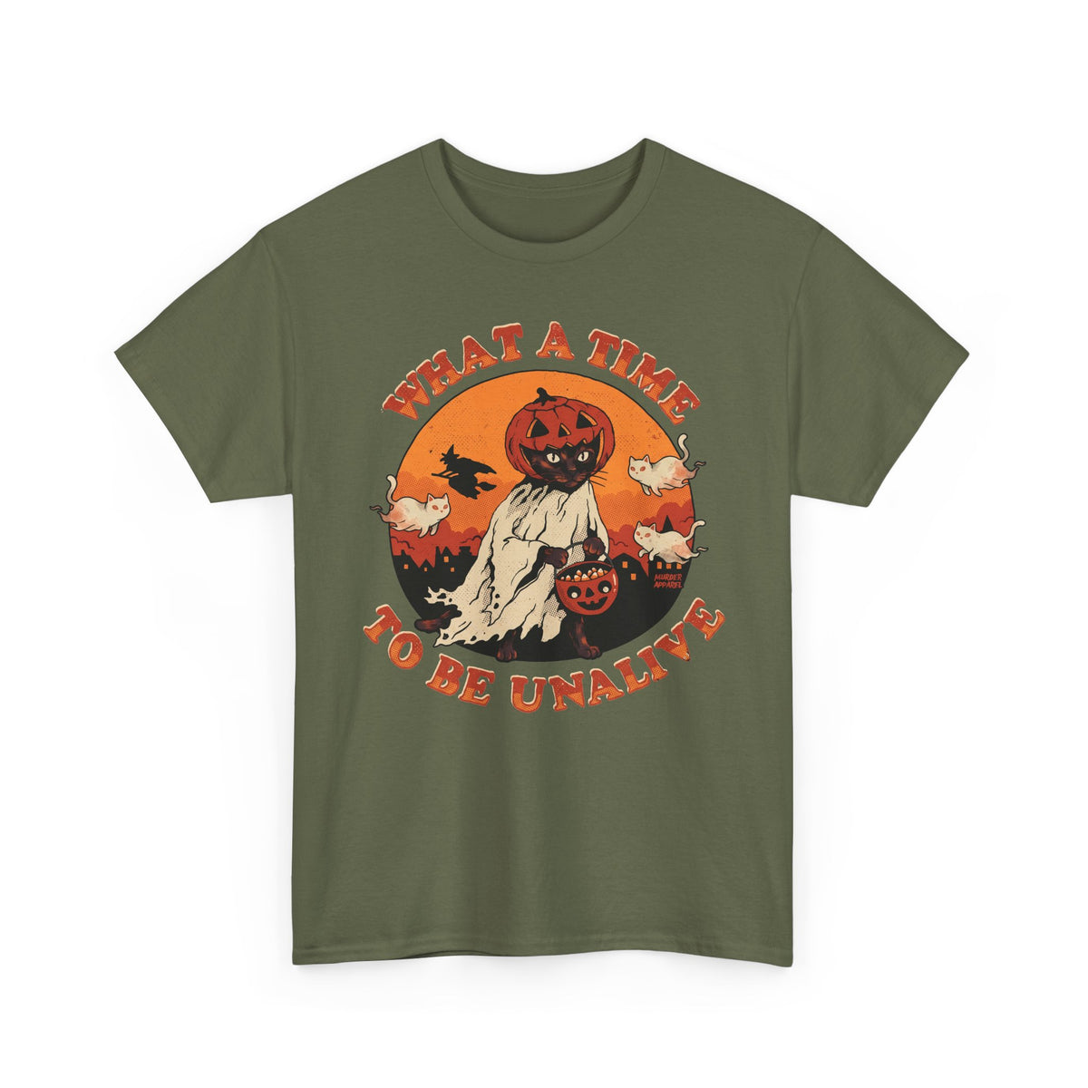 What A Time To Be Unalive Black Cat Ghost Sheet Shirt — Retro Halloween T-Shirt