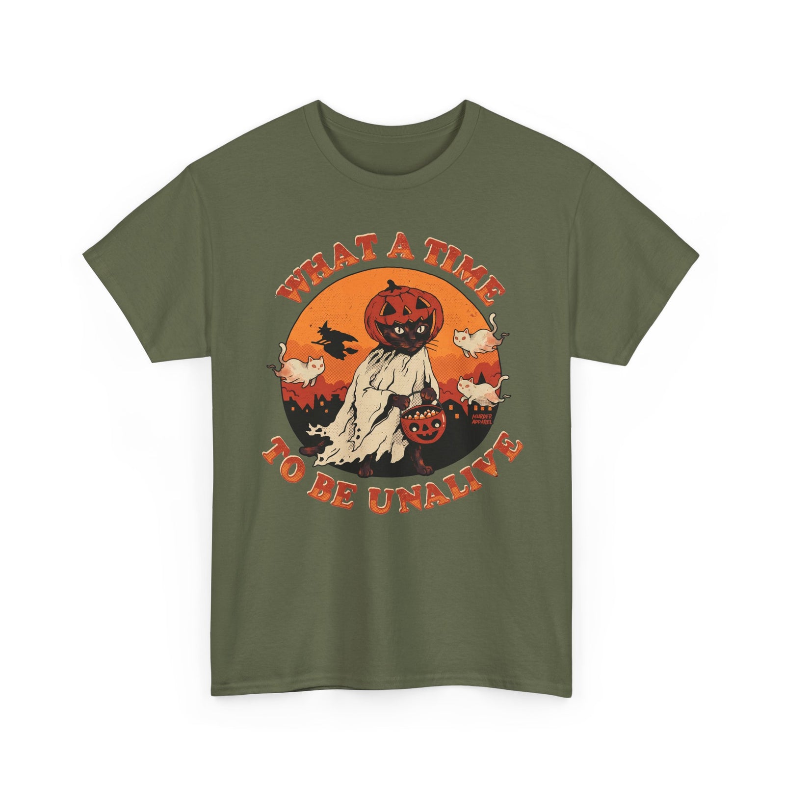 What A Time To Be Unalive Black Cat Ghost Sheet Shirt — Retro Halloween T-Shirt