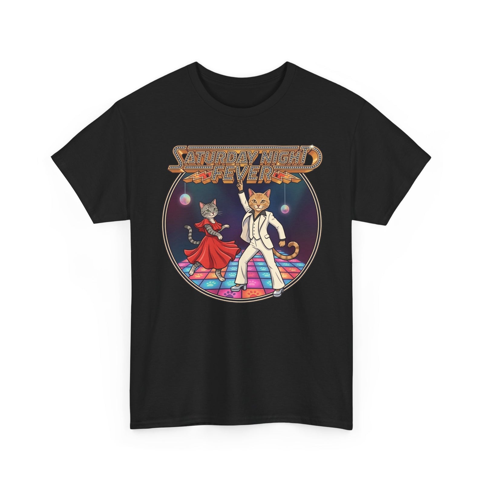 Disco Cats Dancing Tee — 'Saturday Night' Retro Funk Graphic T-Shirt