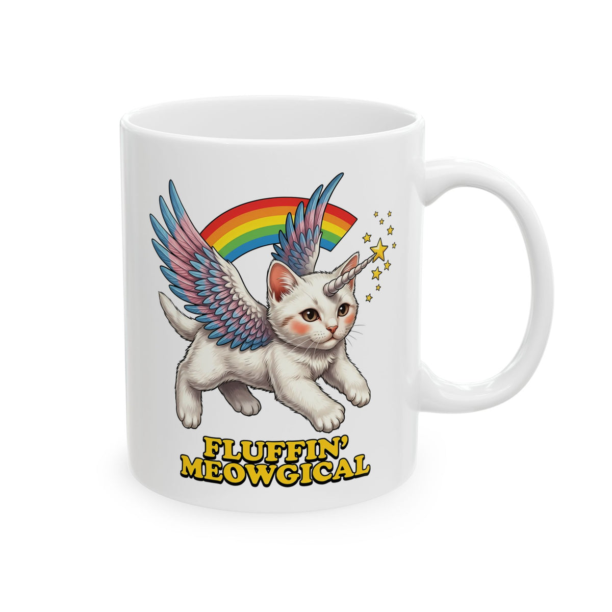 Fluffin' Meowgical Cat Ceramic Mug — Cute Unicorn Kitten Graphic
