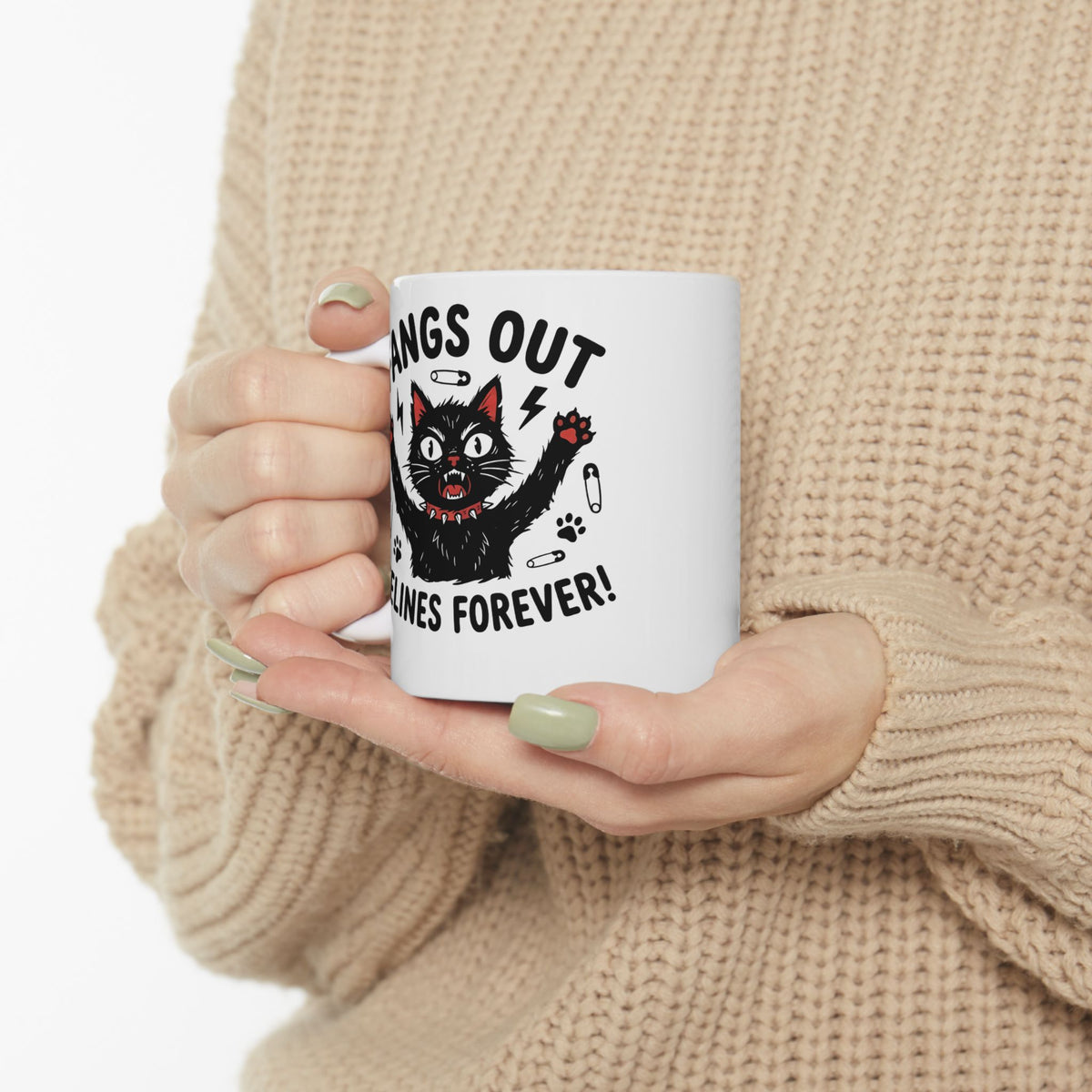 Fangs Out Felines Forever Mug — Cat Lover Graphic T‑Mug