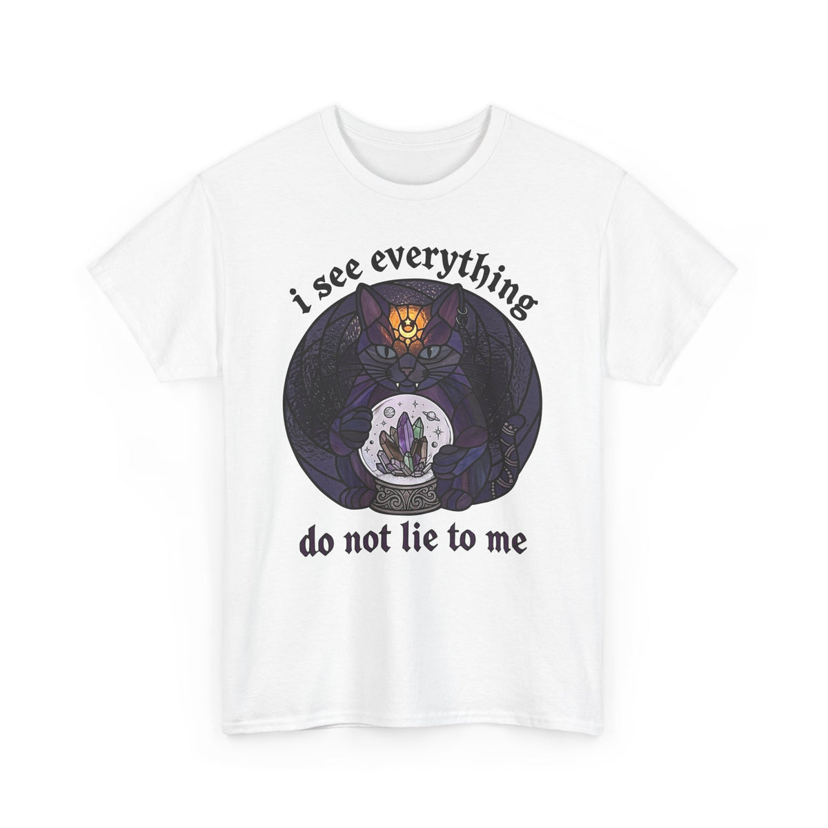 Mystic Fortune Teller Cat T-Shirt "I See Everything" Stained Glass Spiritual Kitten