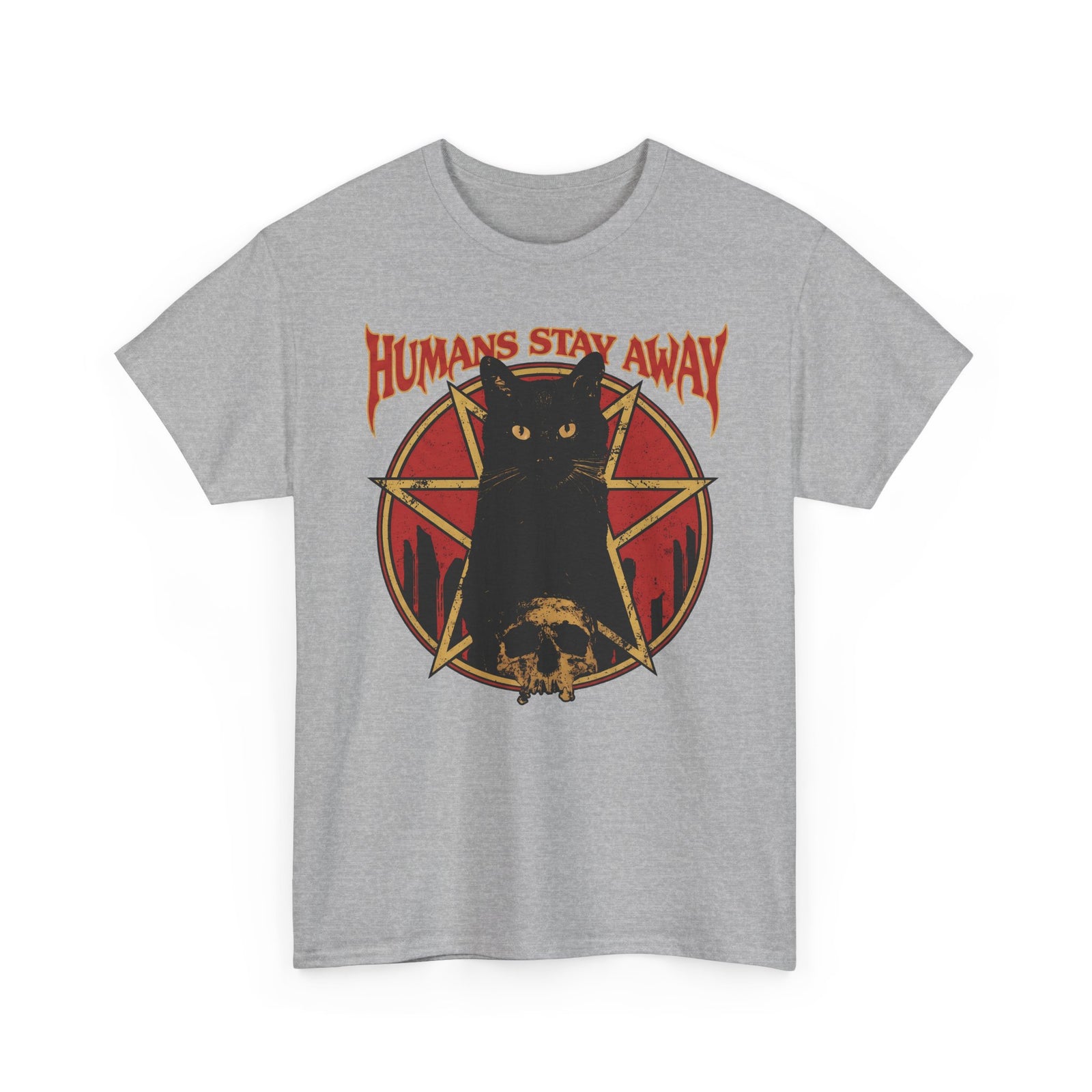 Humans Stay Away Black Cat T-Shirt — Heavy Metal Occult Pentagram Tee